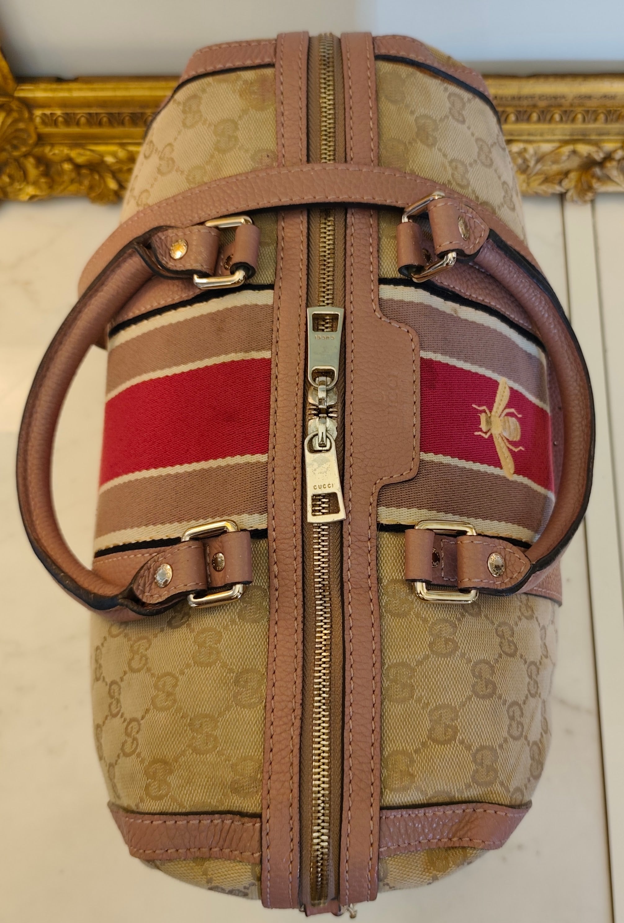 GUCCI - Bauletto Boston Edizione Limitata in Tessuto GG Beige e Rosa con Tracolla