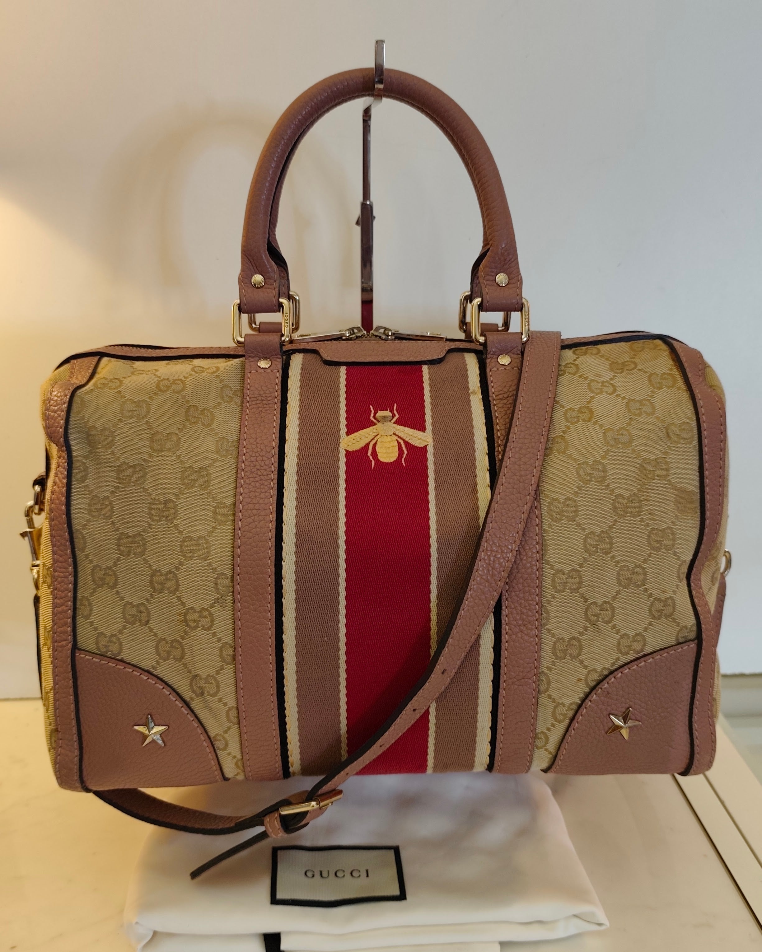 GUCCI - Bauletto Boston Edizione Limitata in Tessuto GG Beige e Rosa con Tracolla