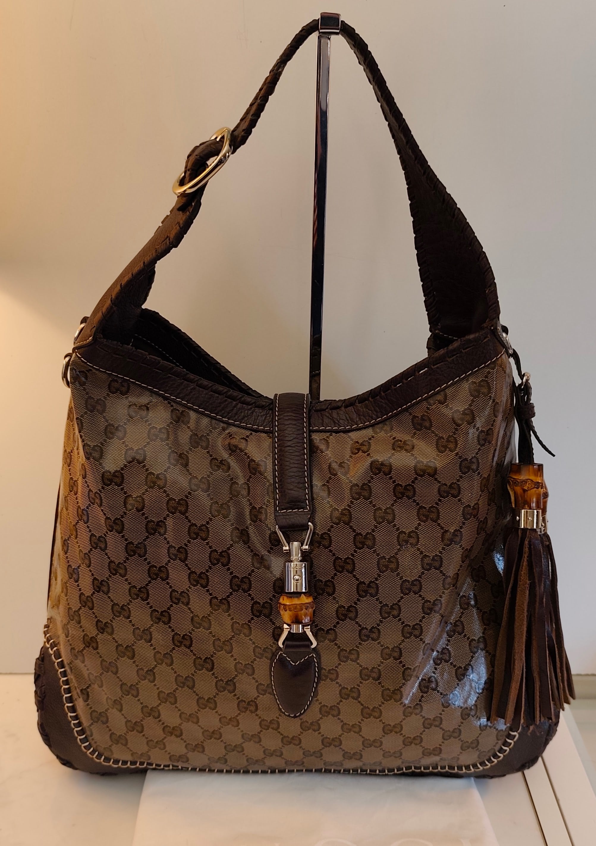 Gucci - Jackie Hobo Cristal in Canvas GG e Pelle Testa di Moro