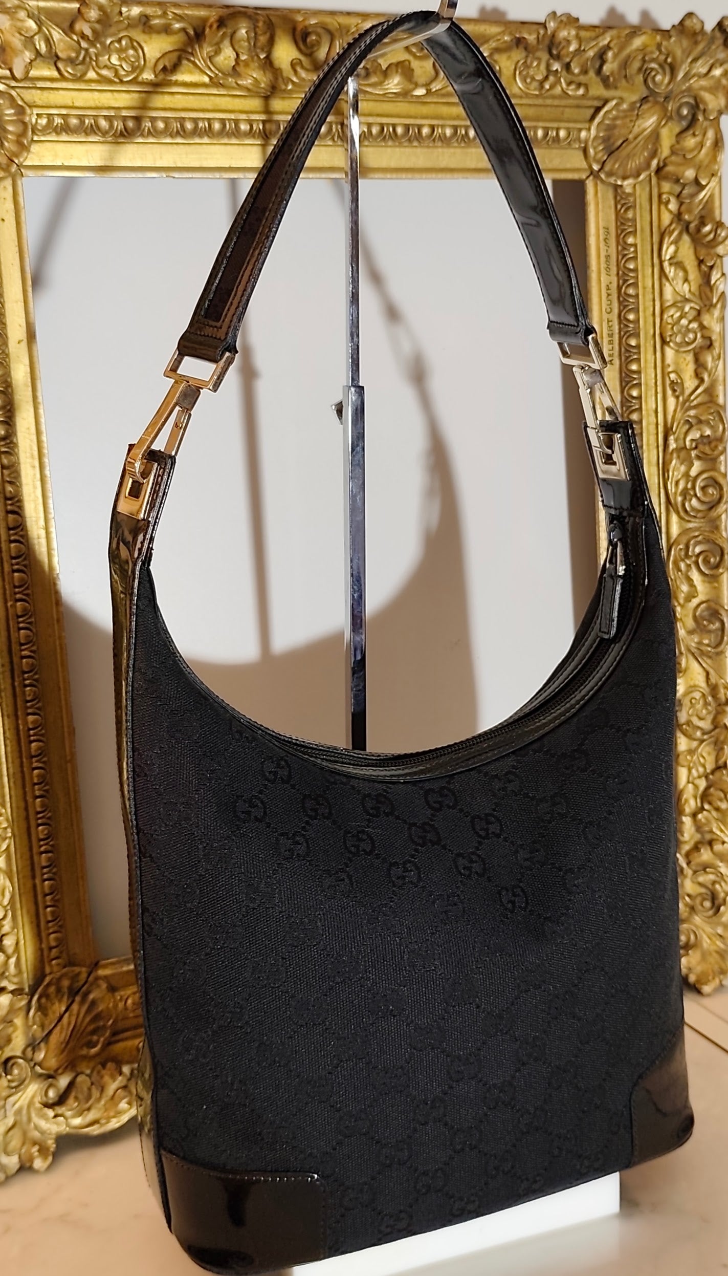 Gucci - Jackie Hobo Bag in Canvas GG Nero e Dettagli in Pelle Lucida