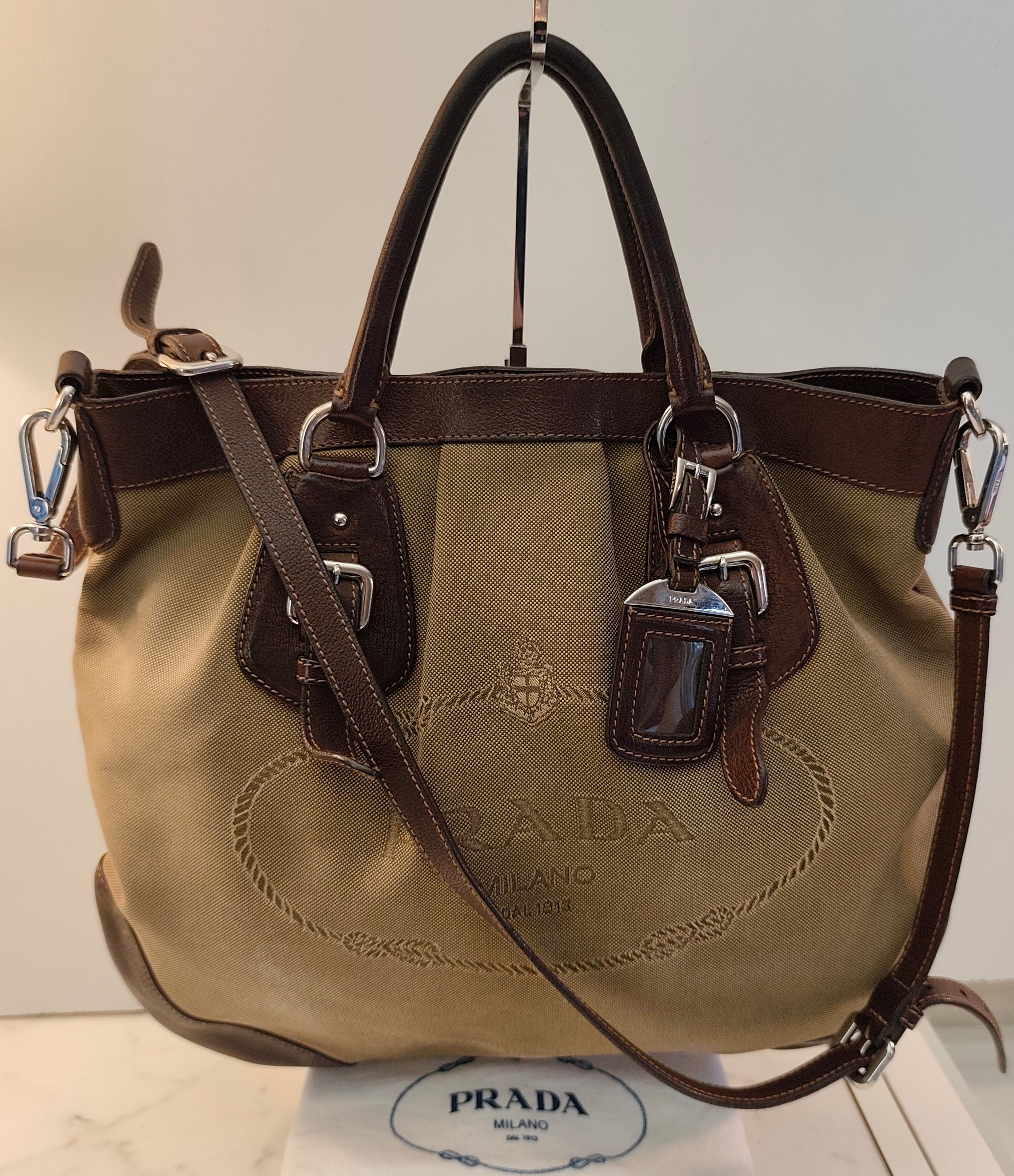 PRADA Shopper Hobo Logo Jacquard Canapa e Pelle Marrone Vintage