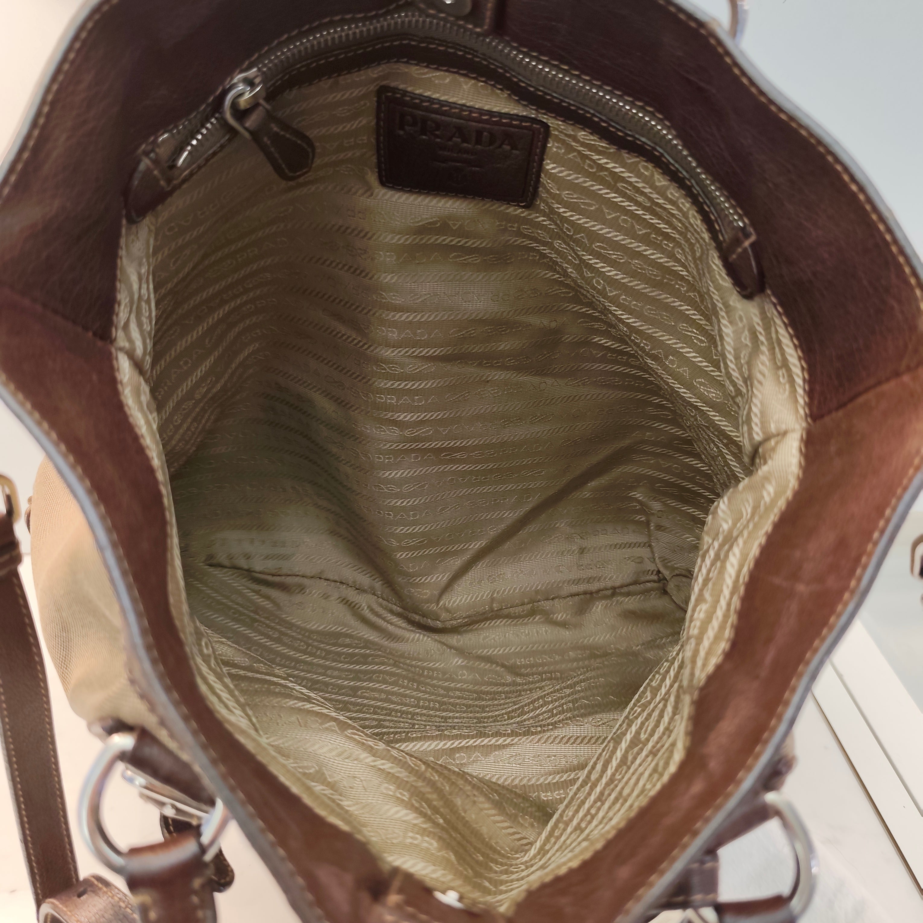 PRADA Shopper Hobo Logo Jacquard Canapa e Pelle Marrone Vintage