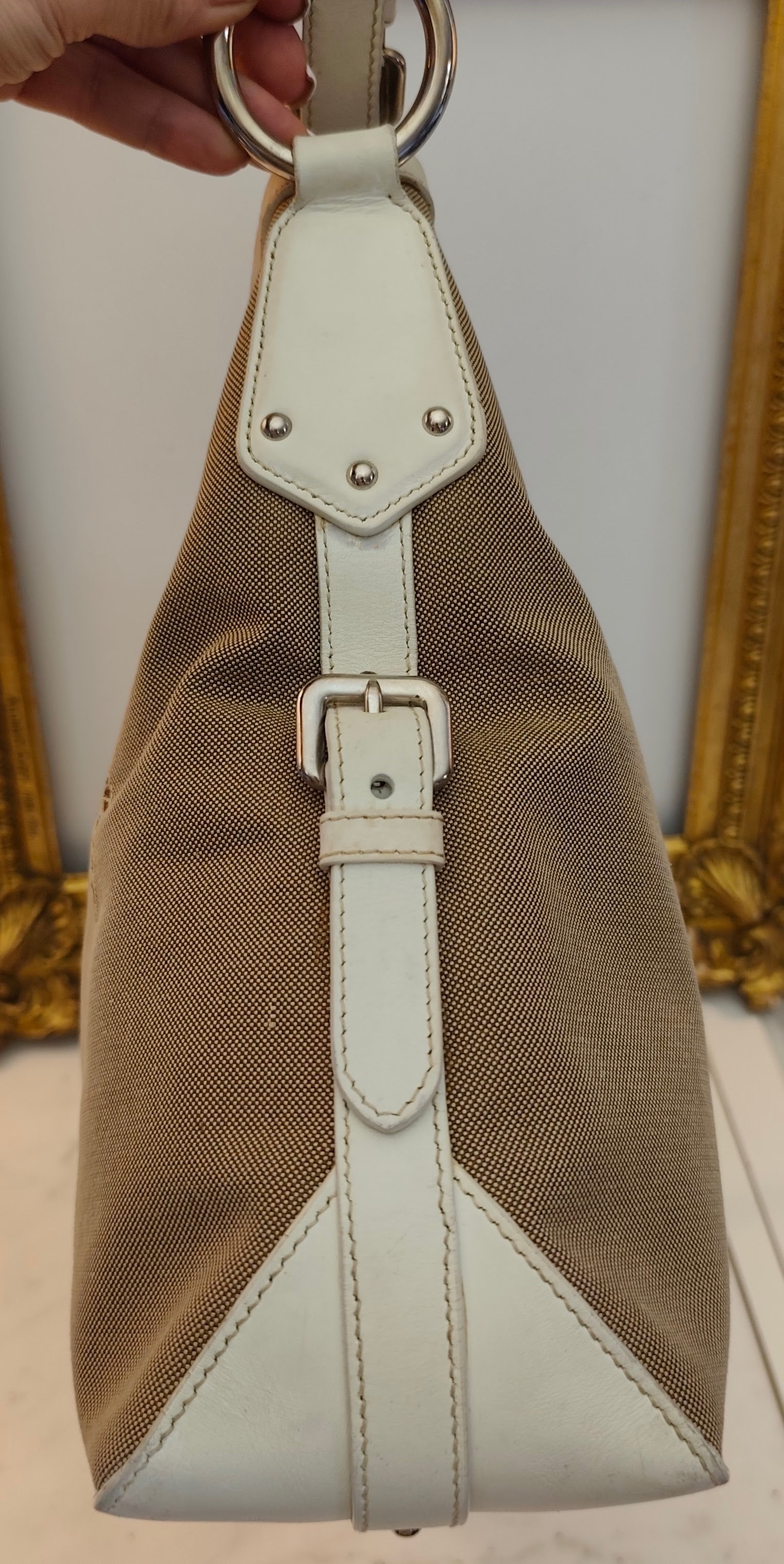 Prada – Hobo Shopper Logo Jacquard Beige e Pelle Bianca