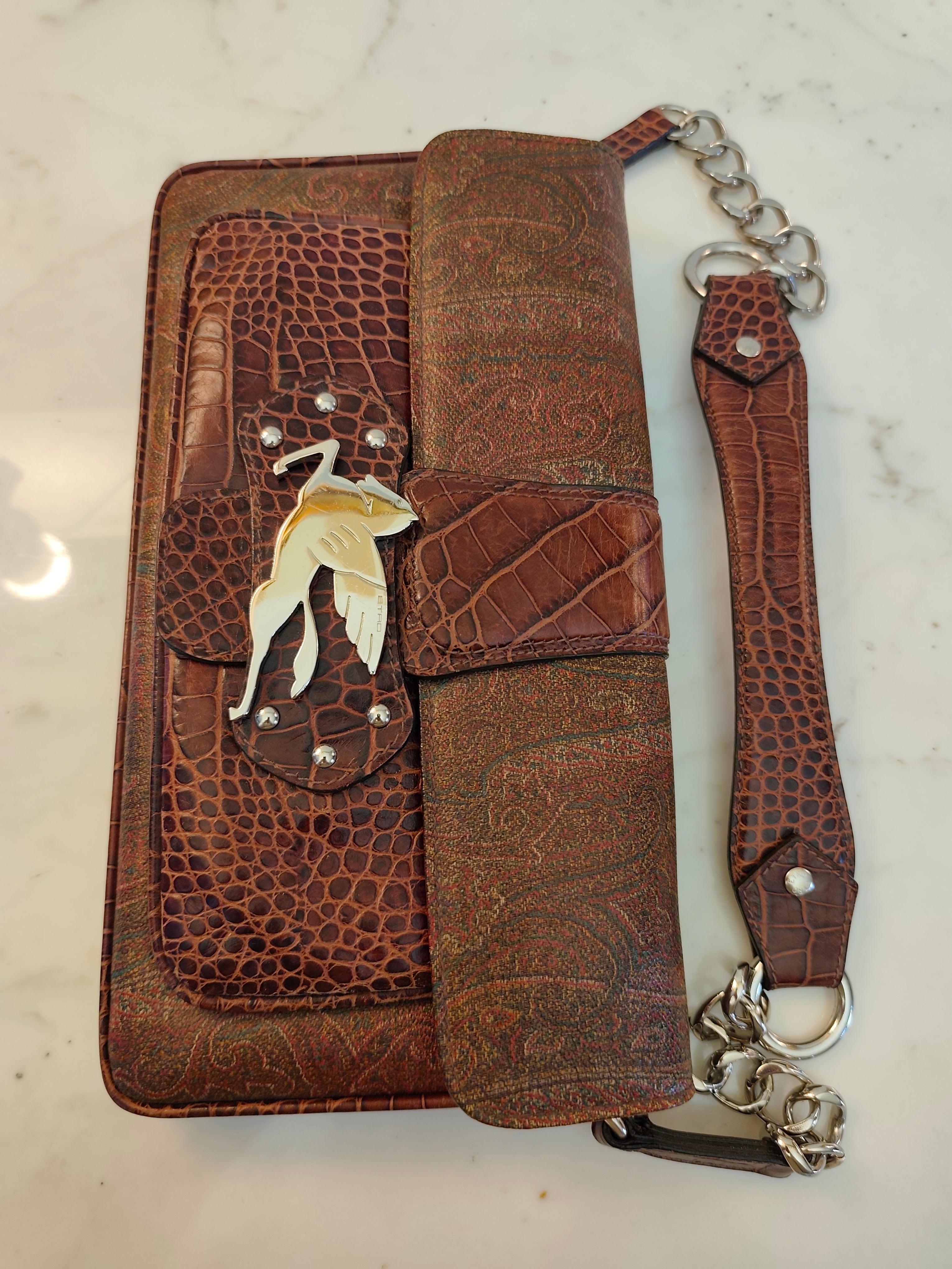 Etro - Baguette a Spalla Paisley con Inserti Croco e Pegaso Argento