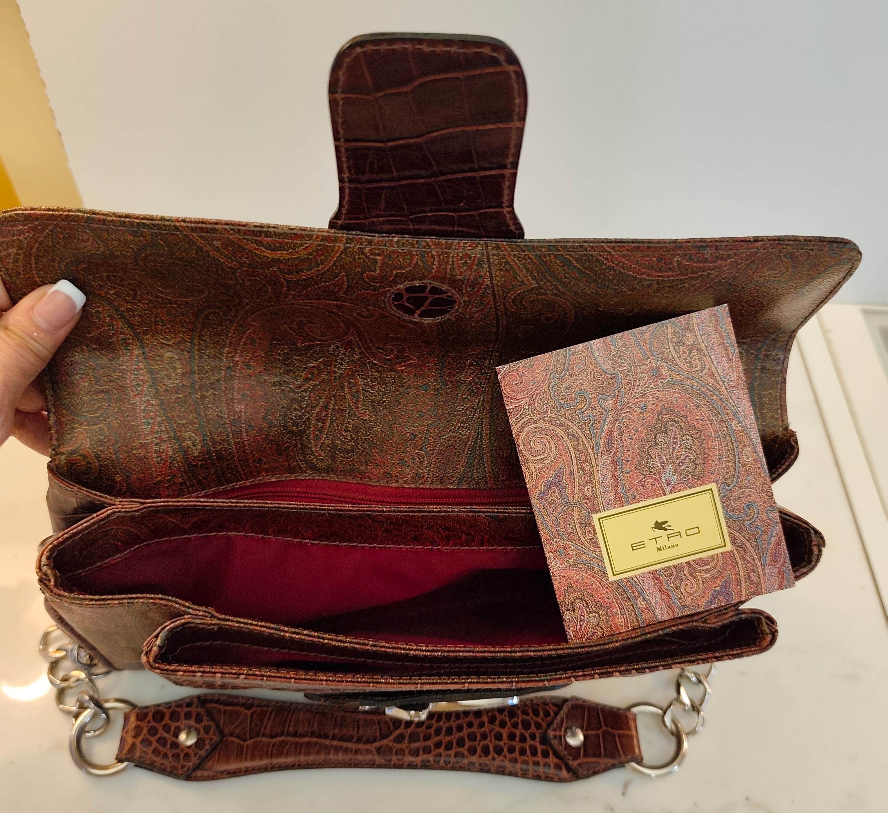 Etro - Baguette a Spalla Paisley con Inserti Croco e Pegaso Argento