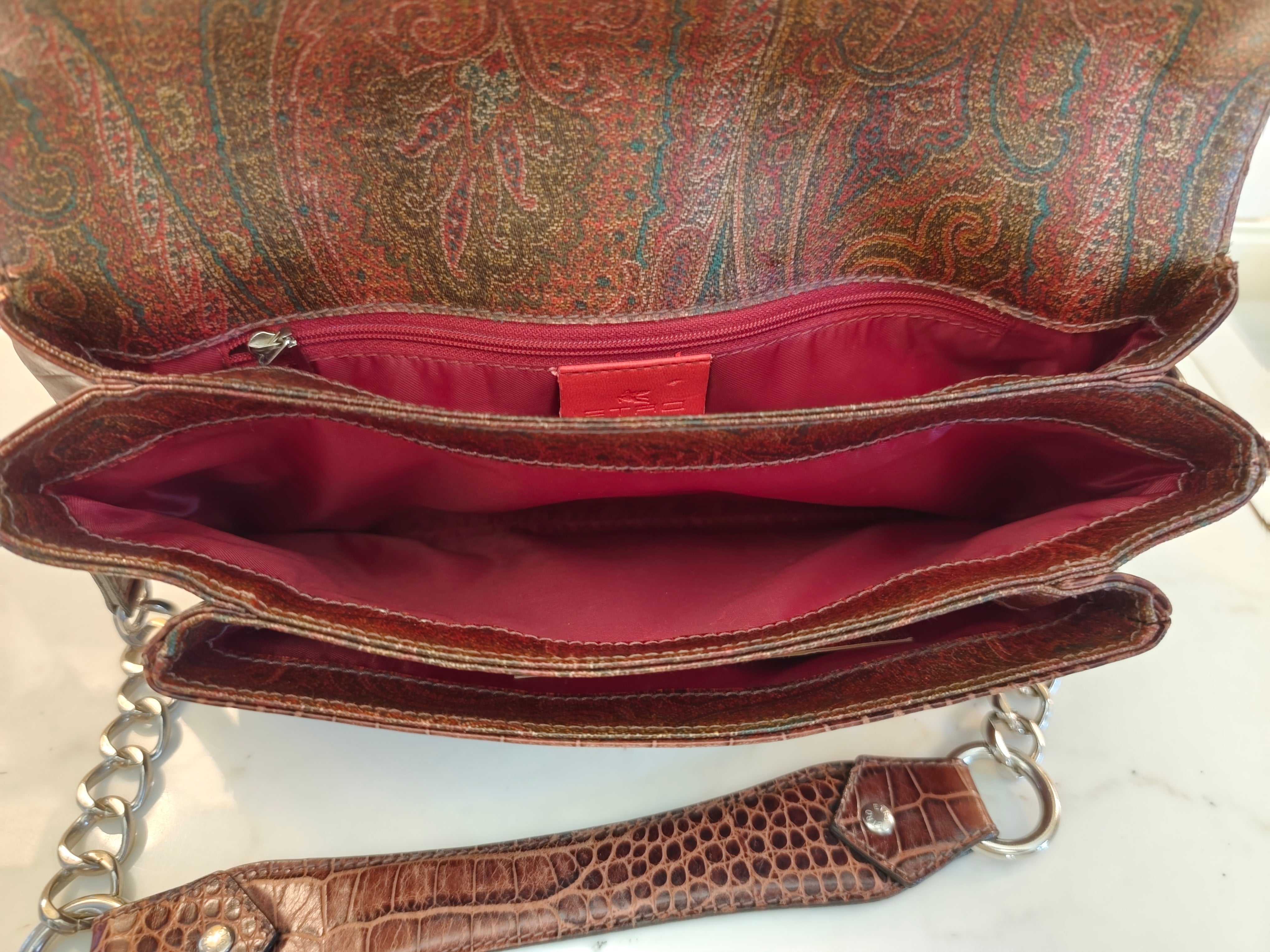 Etro - Baguette a Spalla Paisley con Inserti Croco e Pegaso Argento