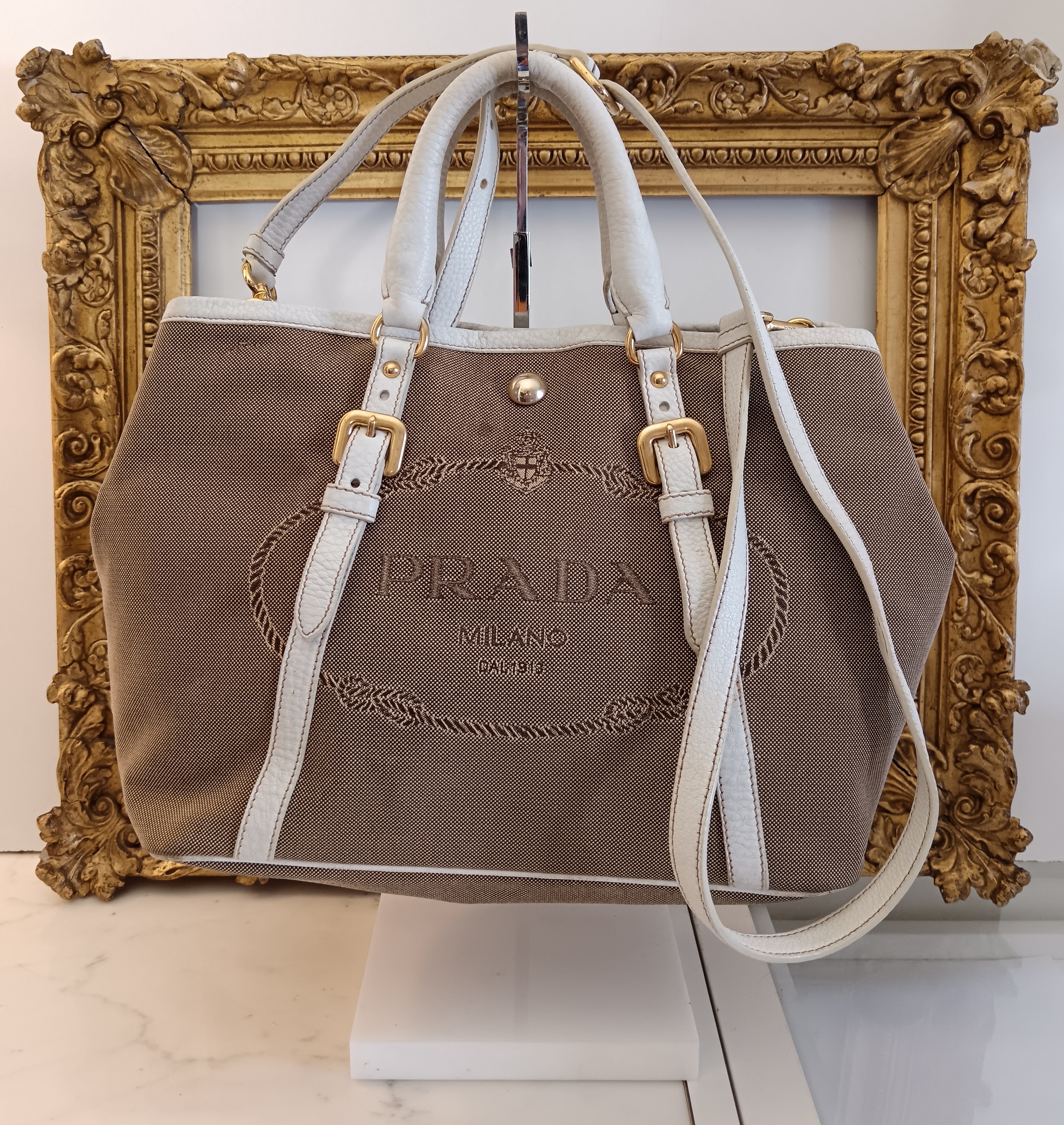 Prada - Tote/Mini Shopper Logo Jacquard Beige/Avorio con Tracolla