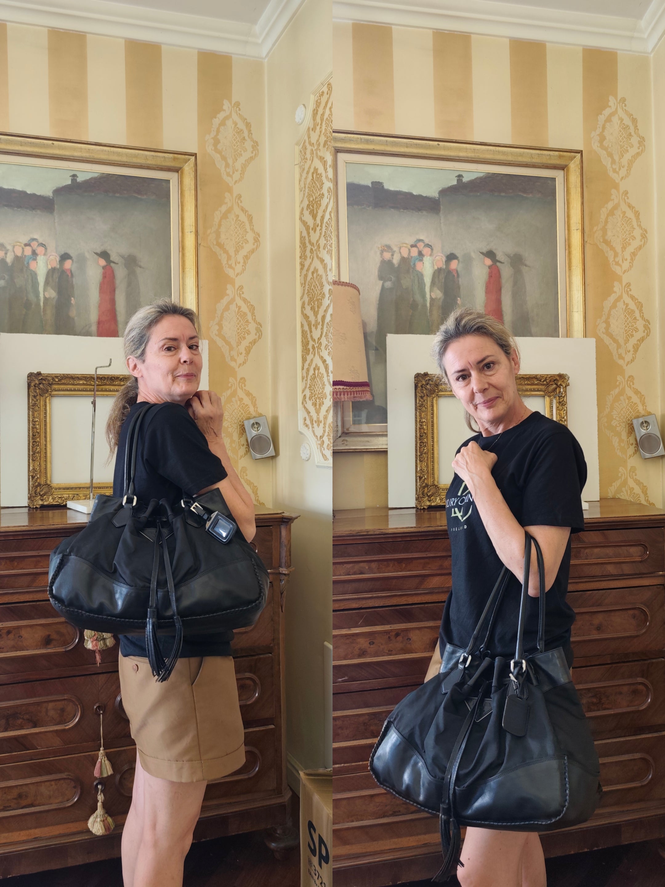 Prada - Borsa a Spalla a Sacco in Pelle Nera con Coulisse e Nappine