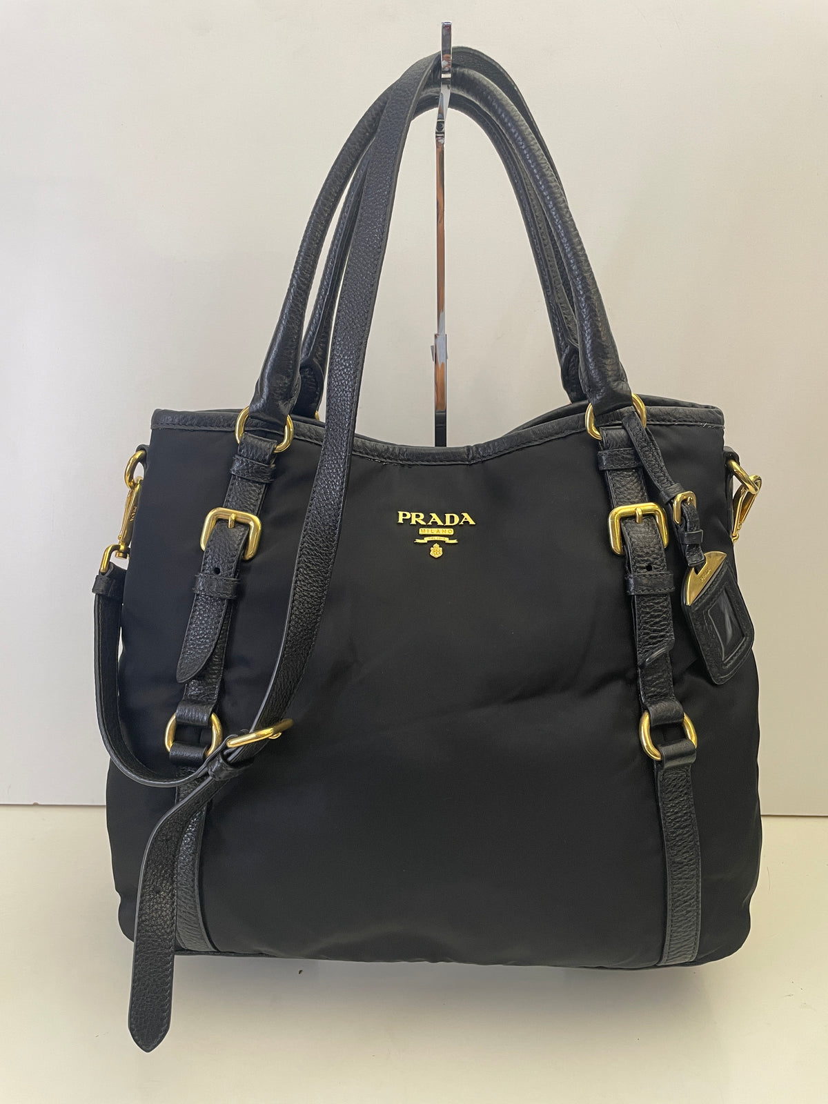 Prada - Tote Shopper Nylon Nero con Fasce in Pelle e Doppi Anelli FULL SET