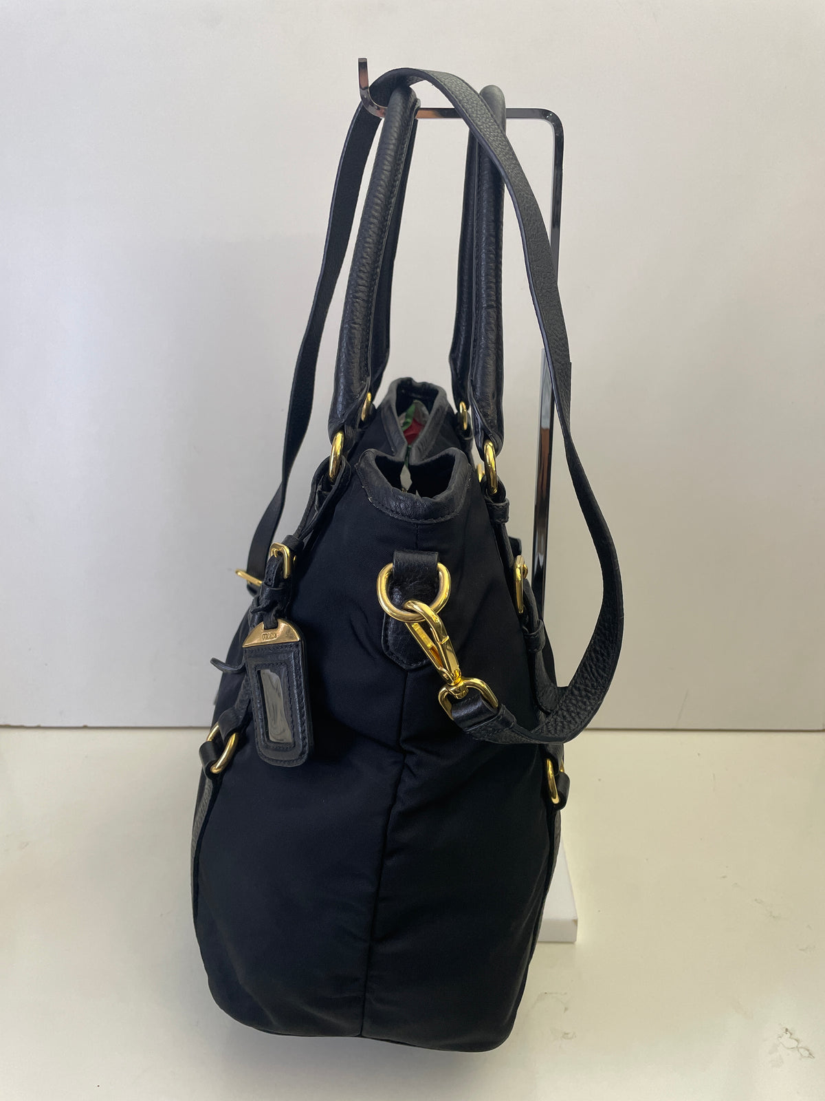 Prada - Tote Shopper Nylon Nero con Fasce in Pelle e Doppi Anelli FULL SET