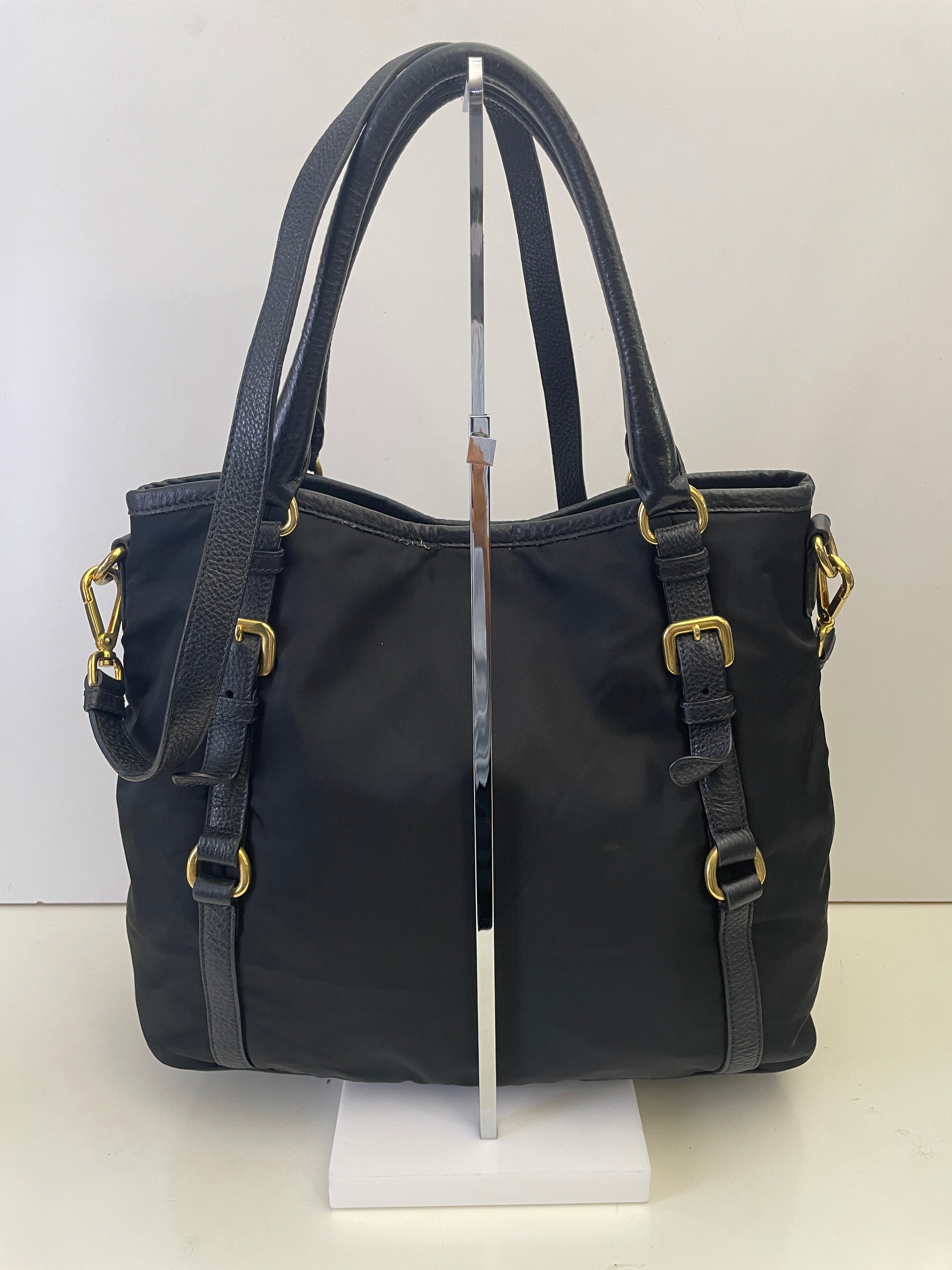 Prada - Tote Shopper Nylon Nero con Fasce in Pelle e Doppi Anelli FULL SET
