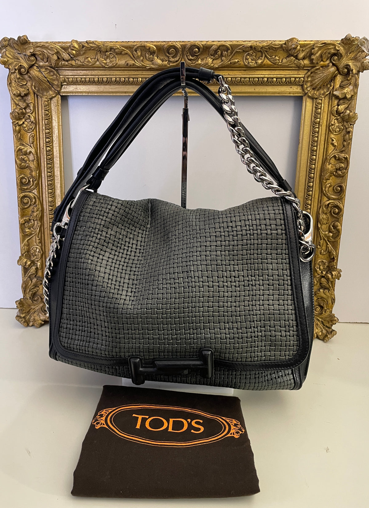 Tod's - Double T Pelle Nera E Intreccio Grigio Scuro