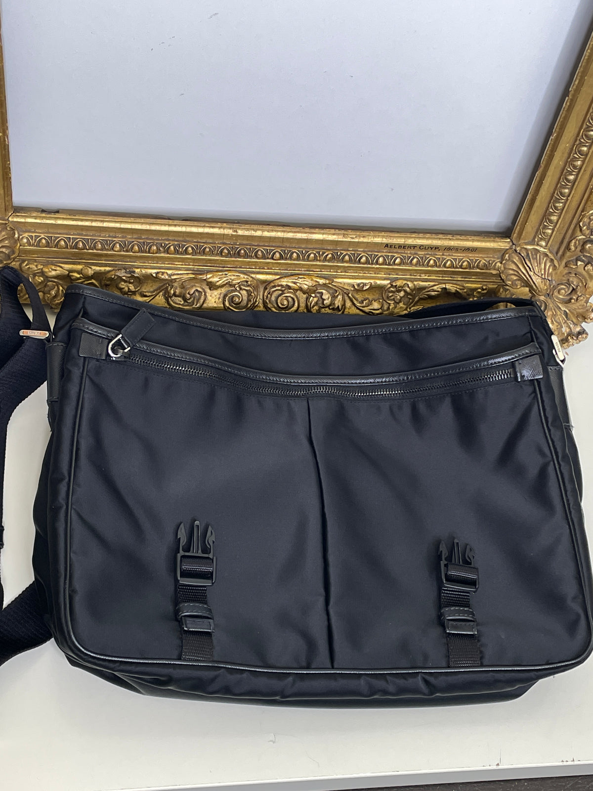 Prada Cartella Doppie Tasche Nylon Nera Scritta Fronte