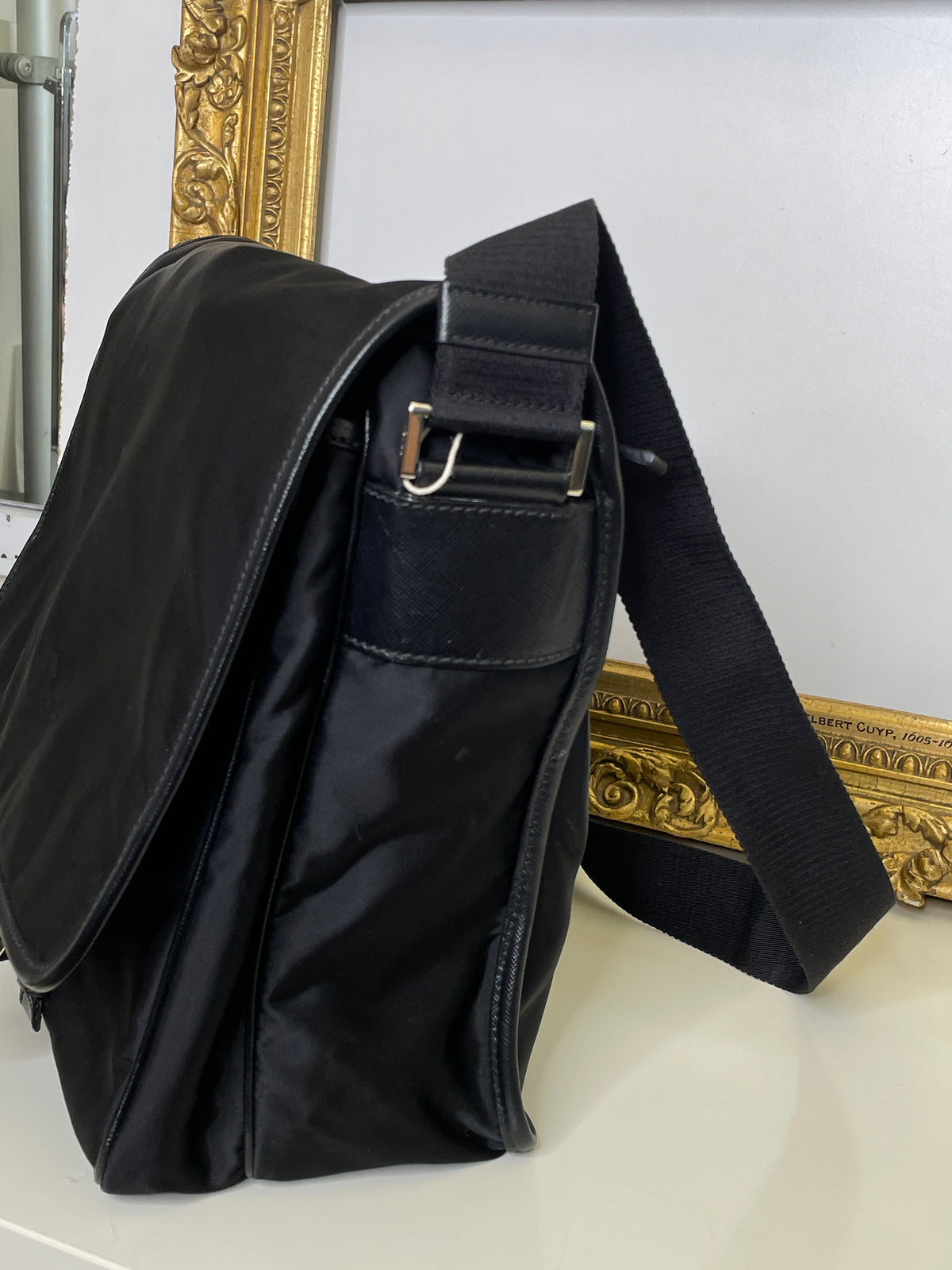 Prada Cartella Doppie Tasche Nylon Nera Scritta Fronte