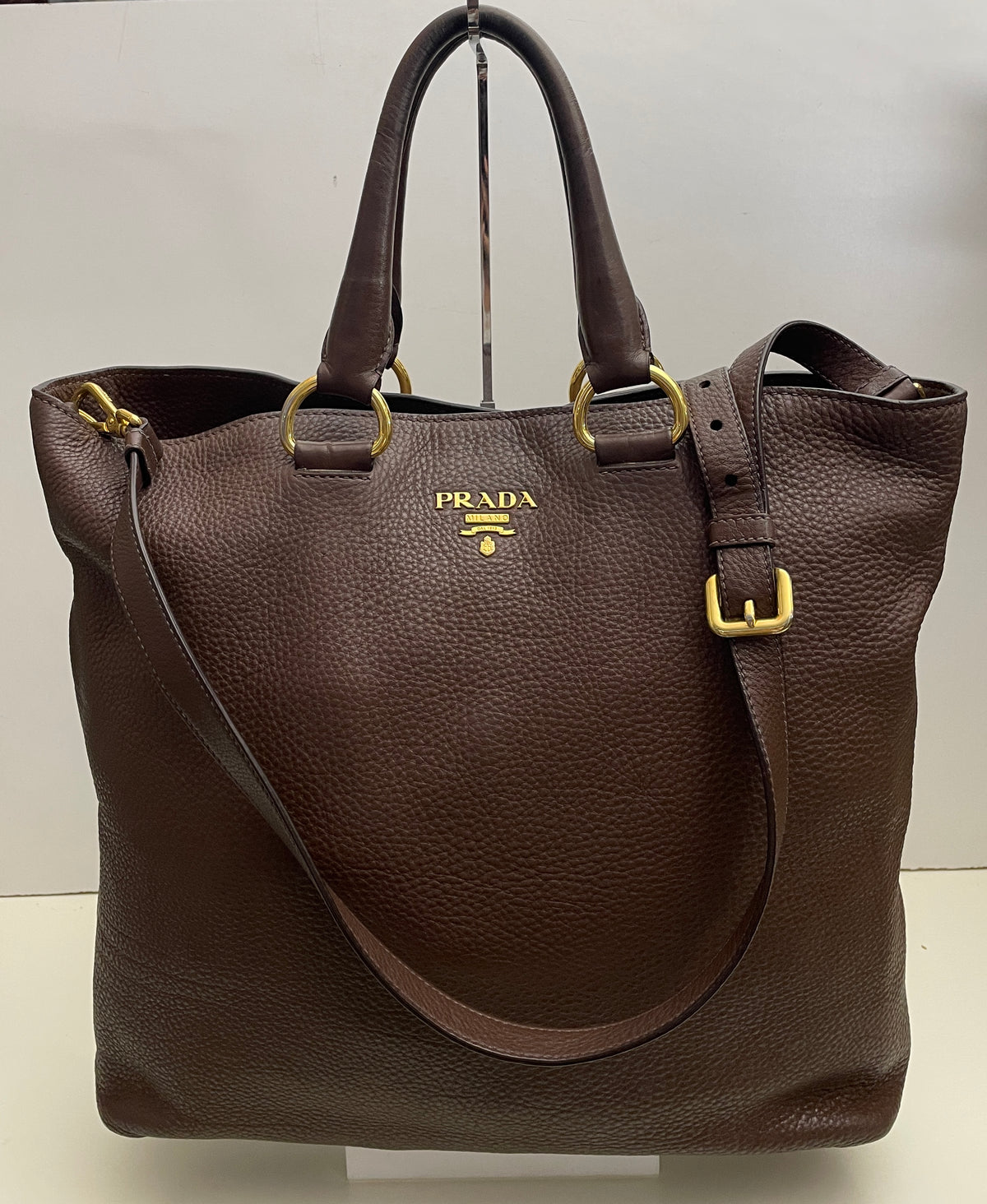 Prada - Shopper in Pelle Martellata Marrone Abbronzato