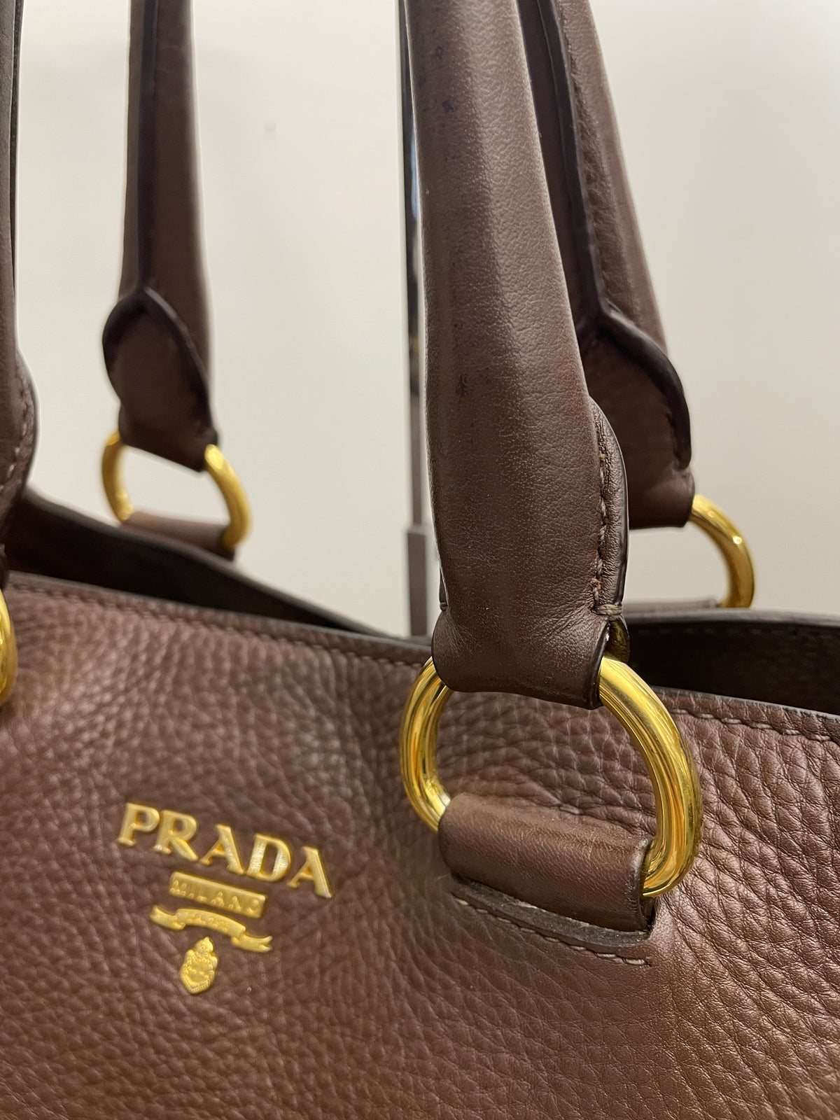 Prada - Shopper in Pelle Martellata Marrone Abbronzato