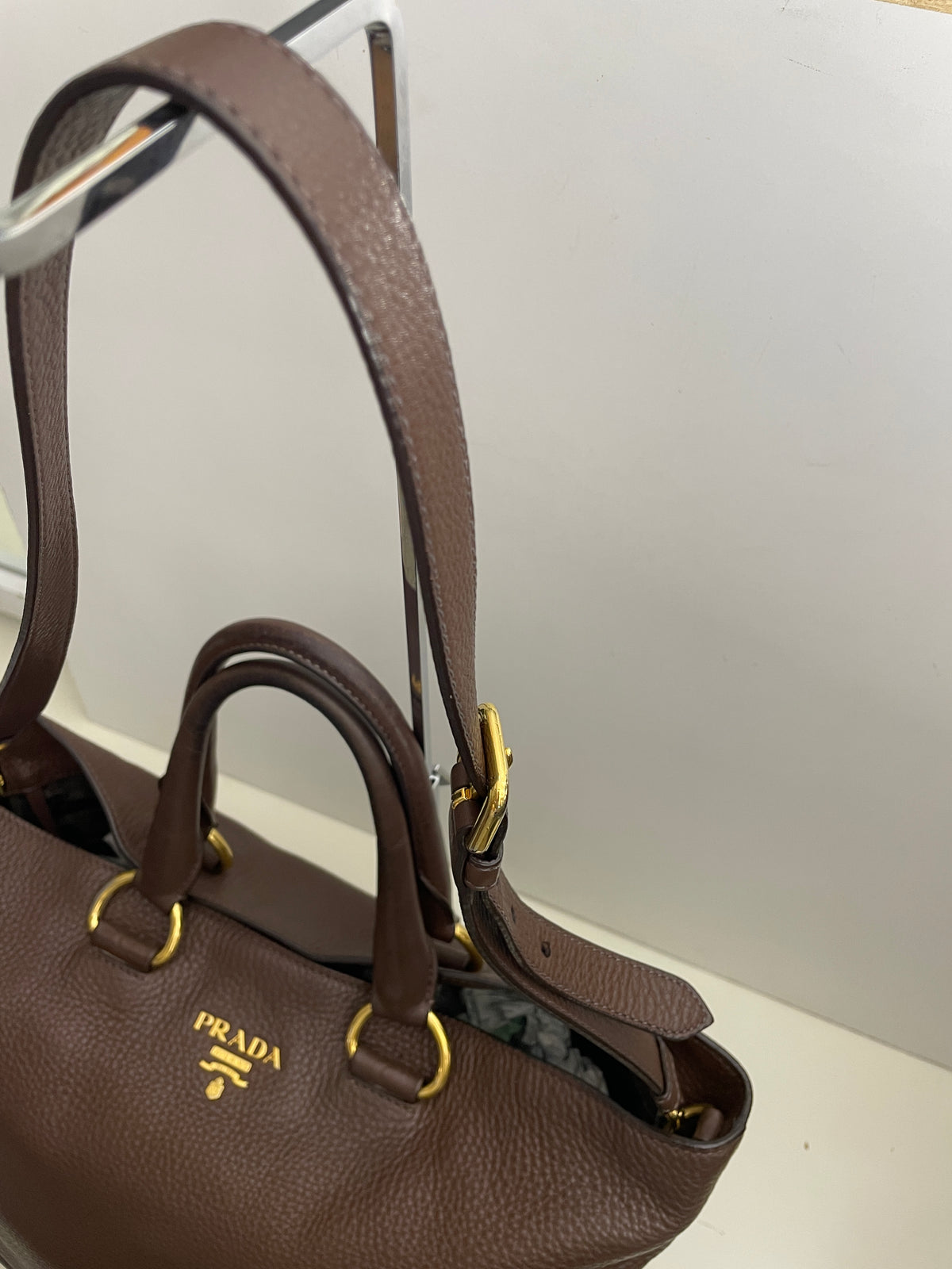 Prada - Shopper in Pelle Martellata Marrone Abbronzato