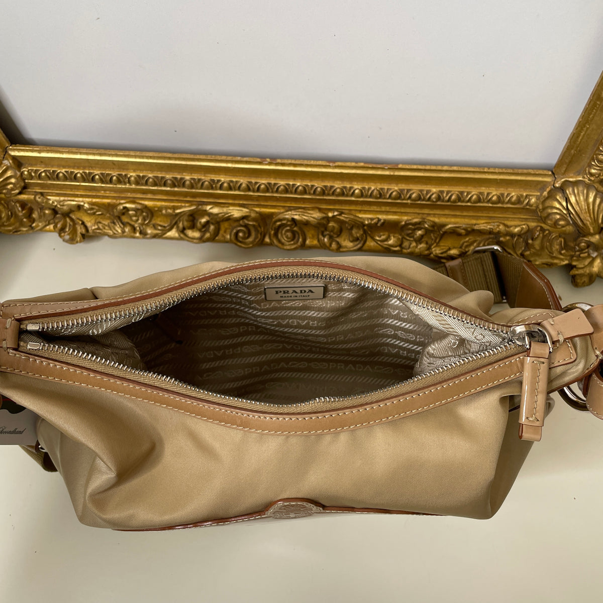 Prada - Borsa Piattina a Tracolla nylon e cordura Beige Logo Jacquard