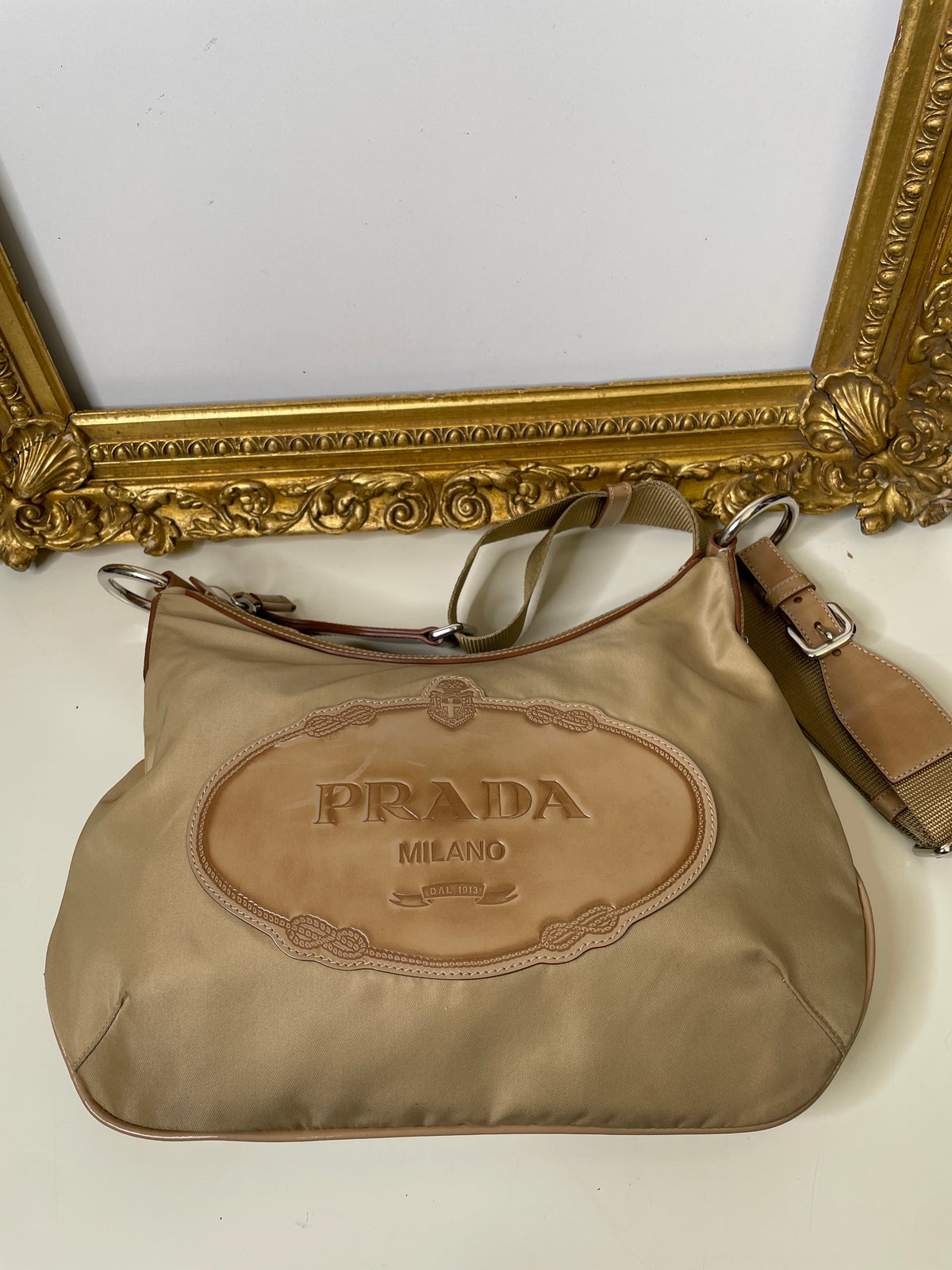 Prada - Borsa Piattina a Tracolla nylon e cordura Beige Logo Jacquard