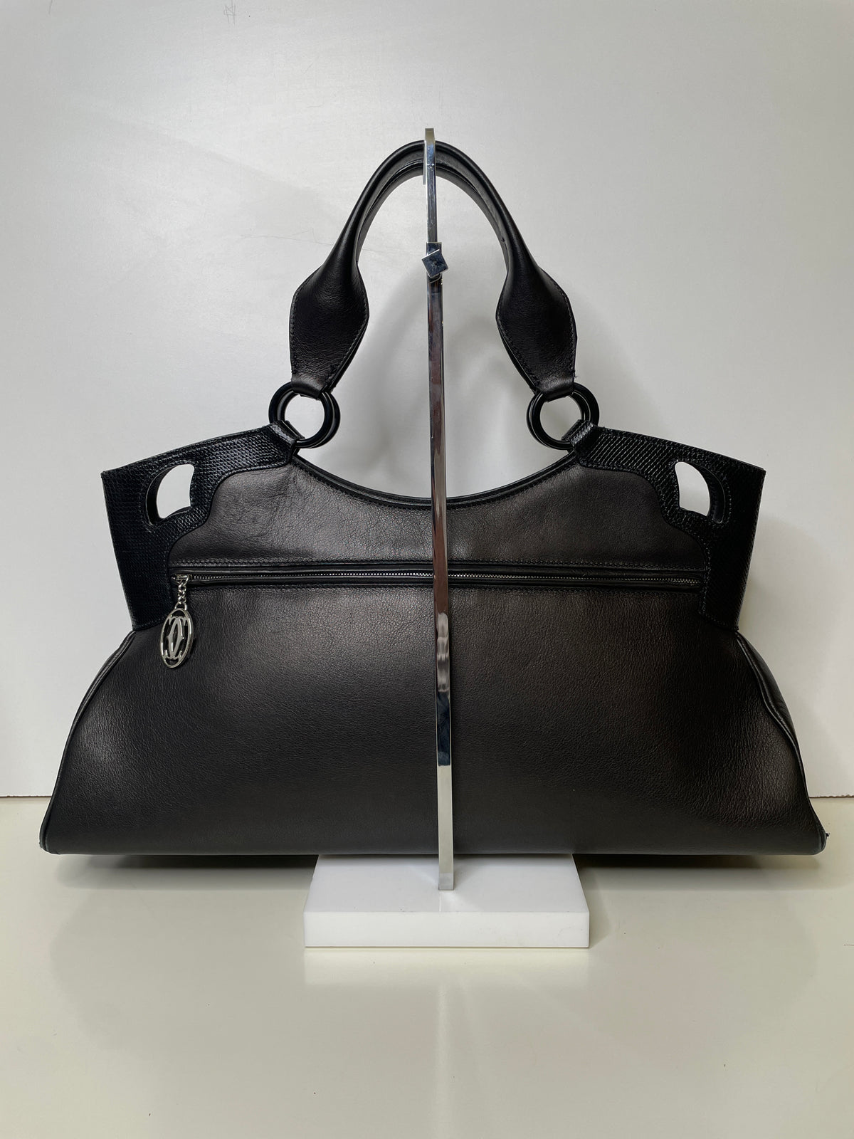 Cartier – Borsa a Spalla Marcello in Pelle Nera con Inserti in Lucertola