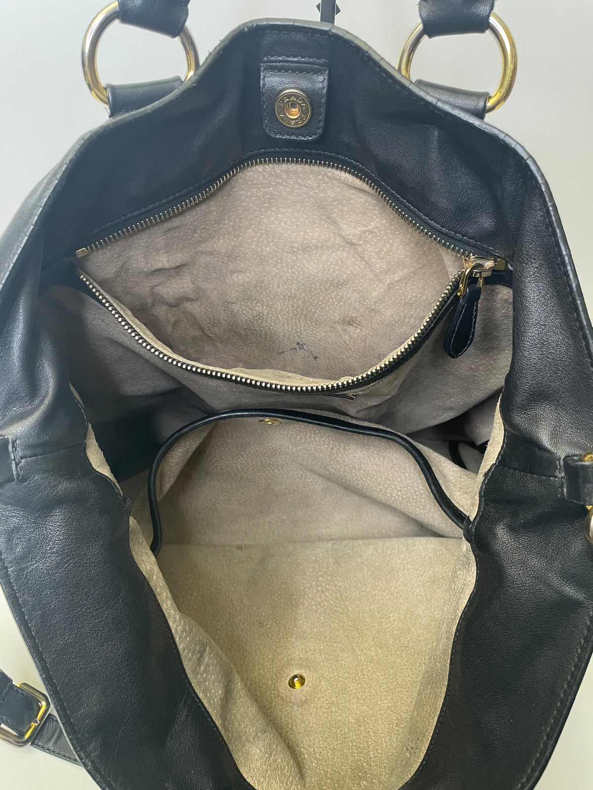 Prada - Shopper Grande in Pelle Nera Liscia con Tracolla e Interno Daino Beige