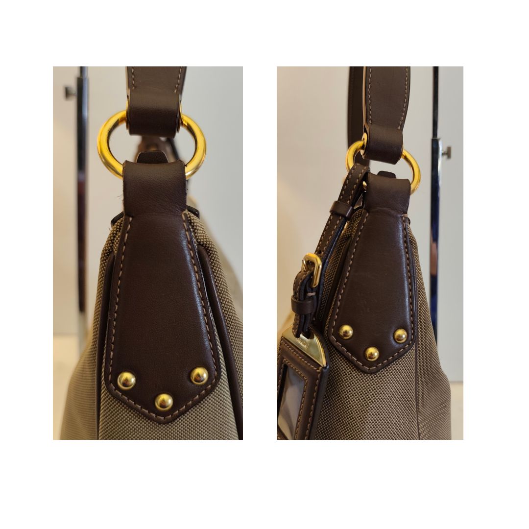 Prada – Borsa Hobo a Spalla Logo Jacquard in Canapa Beige e Pelle Marrone