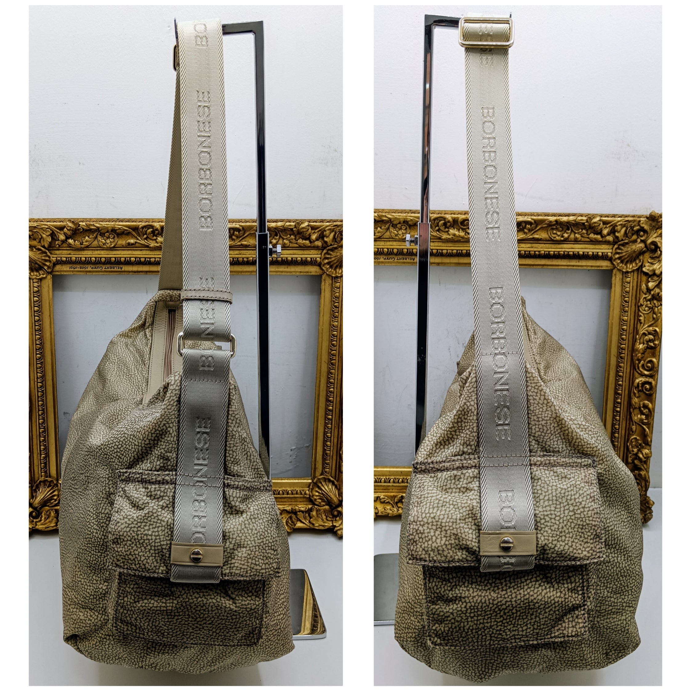 Borbonese – Maxi borsa mezzaluna hobo in tessuto beige tapiro e pelle