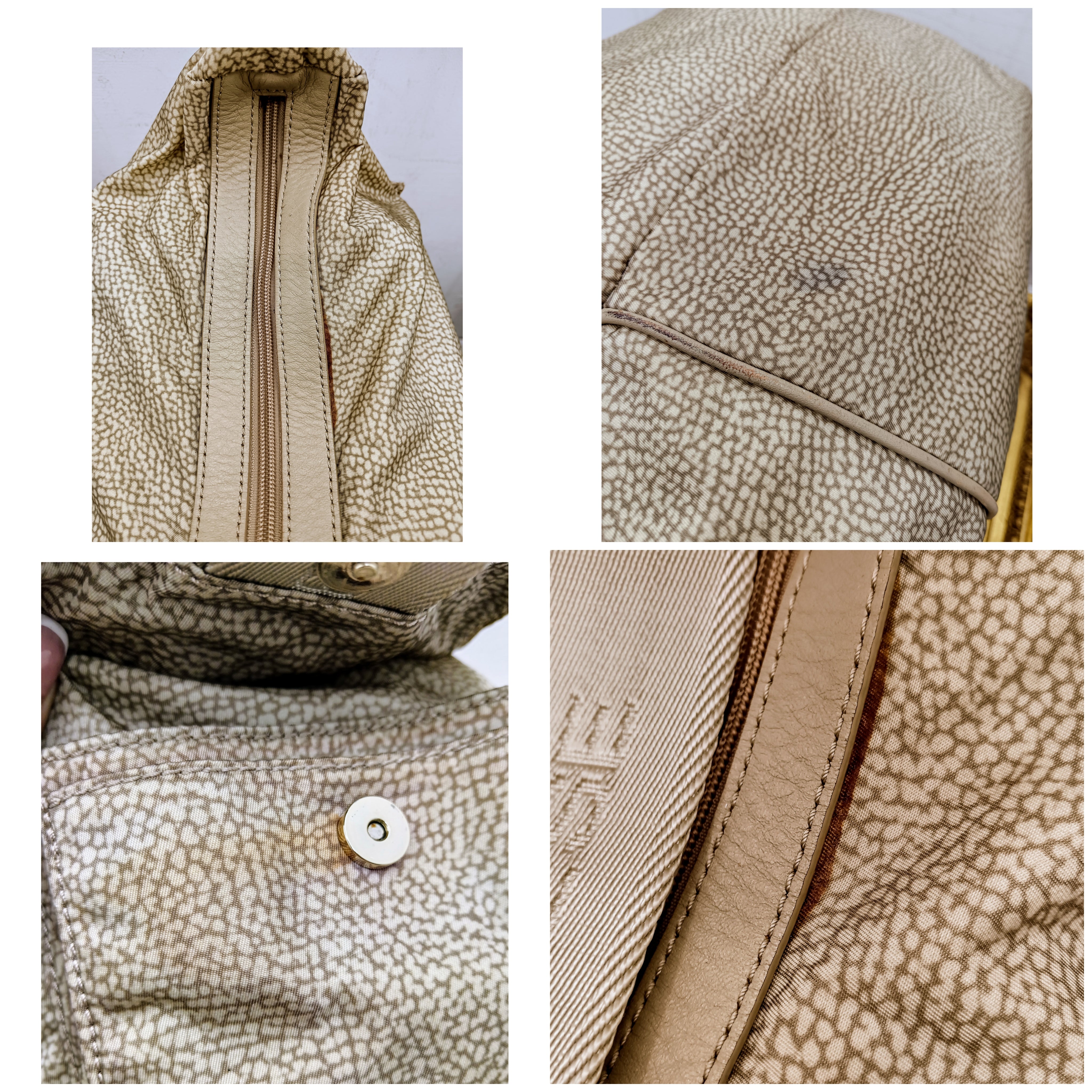 Borbonese – Maxi borsa mezzaluna hobo in tessuto beige tapiro e pelle