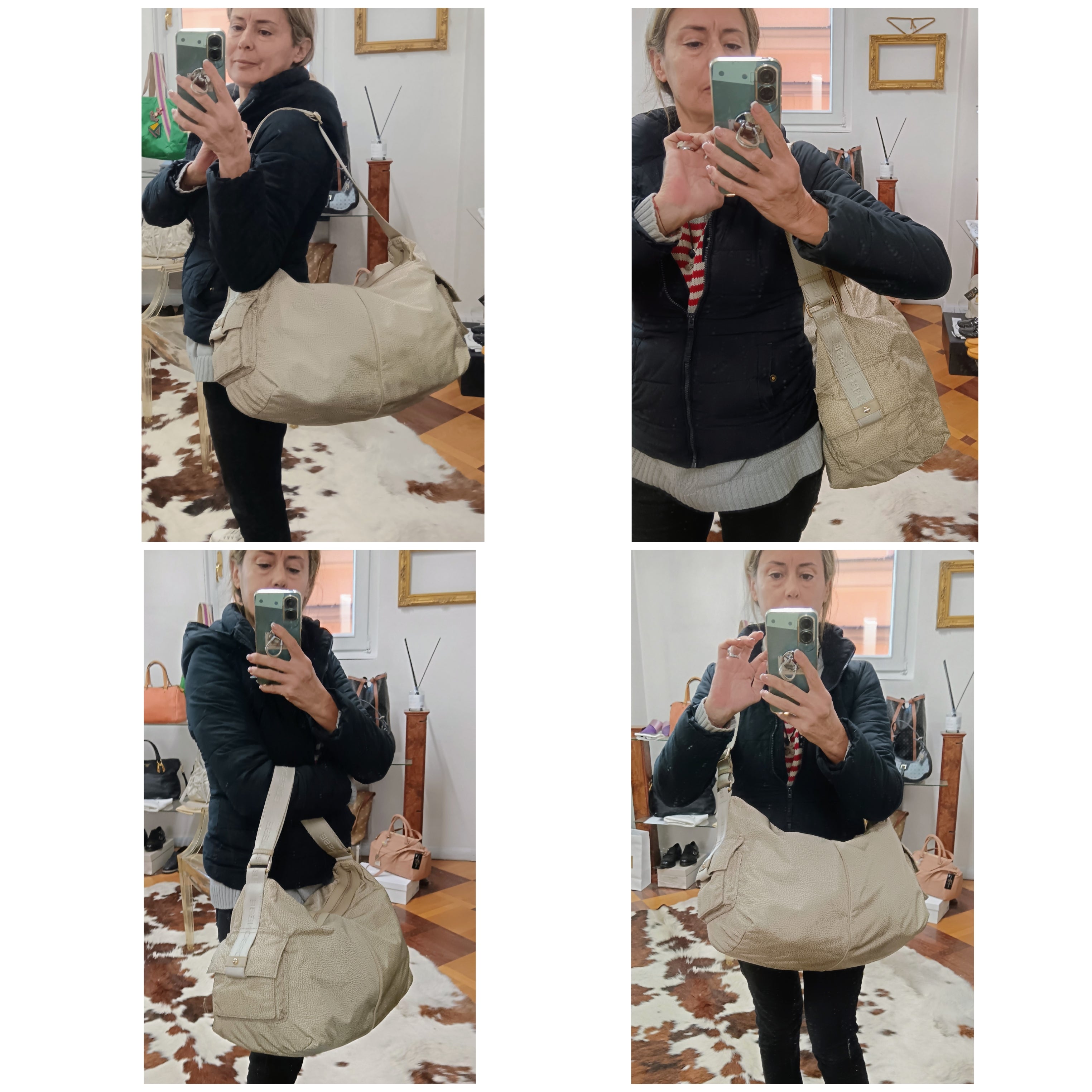 Borbonese – Maxi borsa mezzaluna hobo in tessuto beige tapiro e pelle