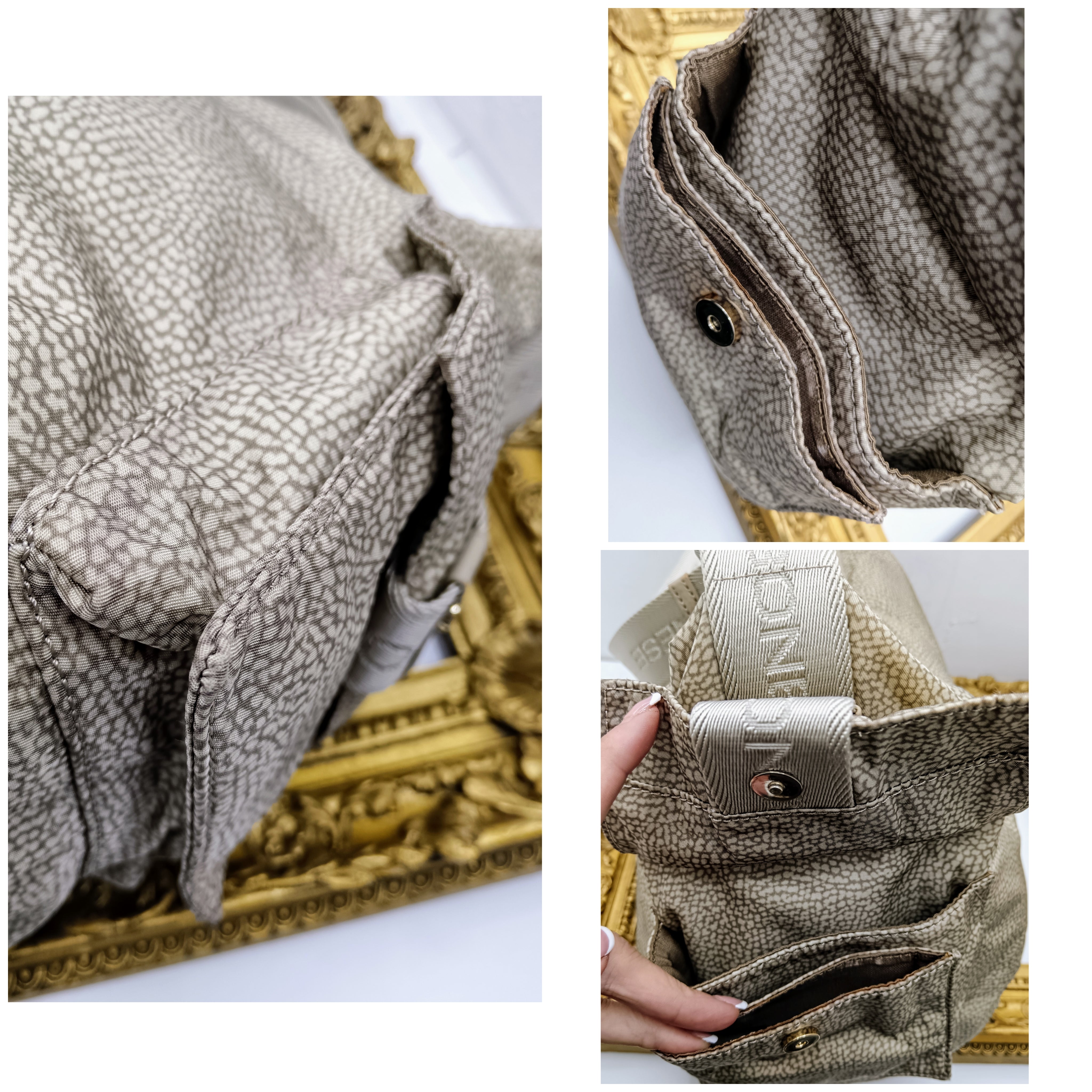 Borbonese – Maxi borsa mezzaluna hobo in tessuto beige tapiro e pelle