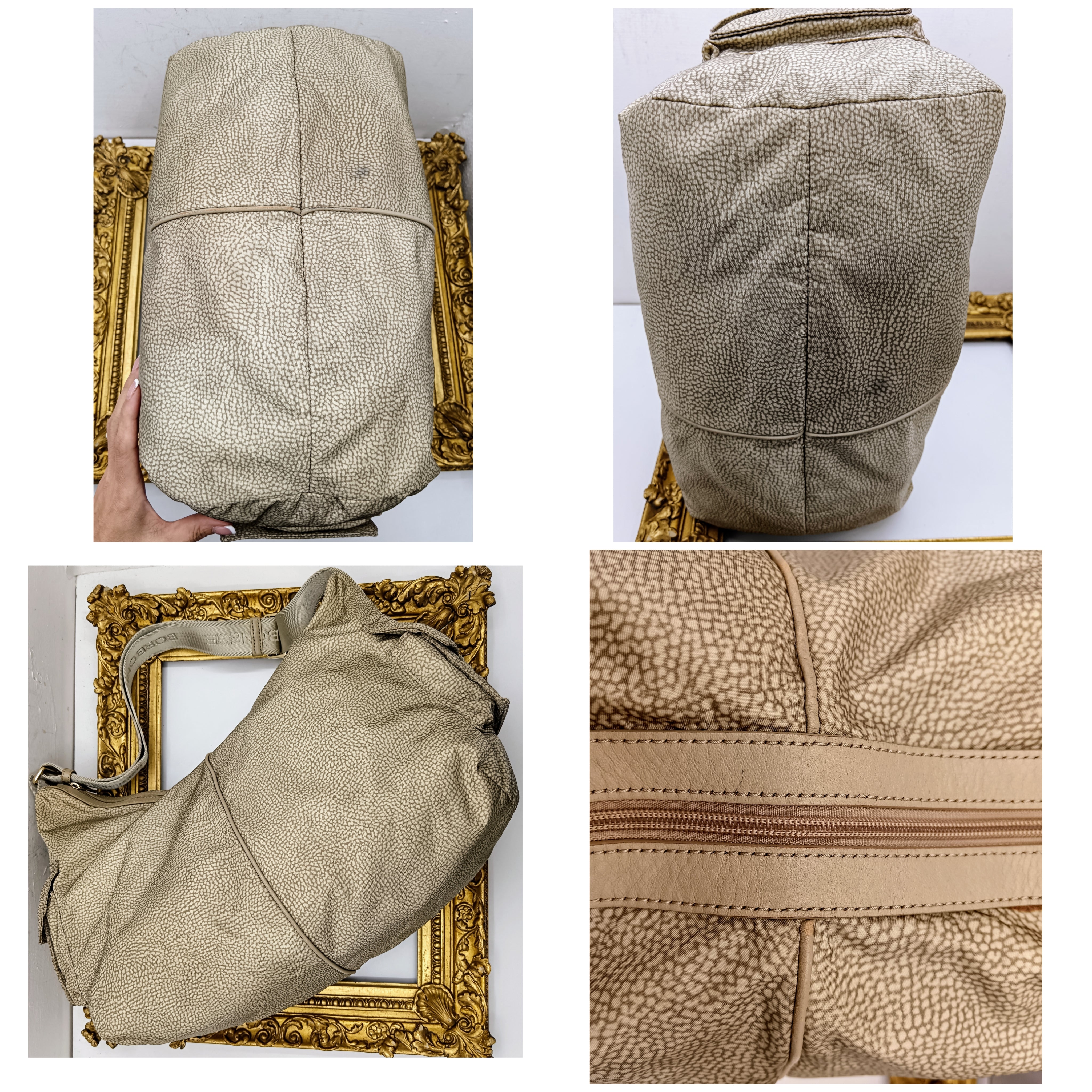 Borbonese – Maxi borsa mezzaluna hobo in tessuto beige tapiro e pelle