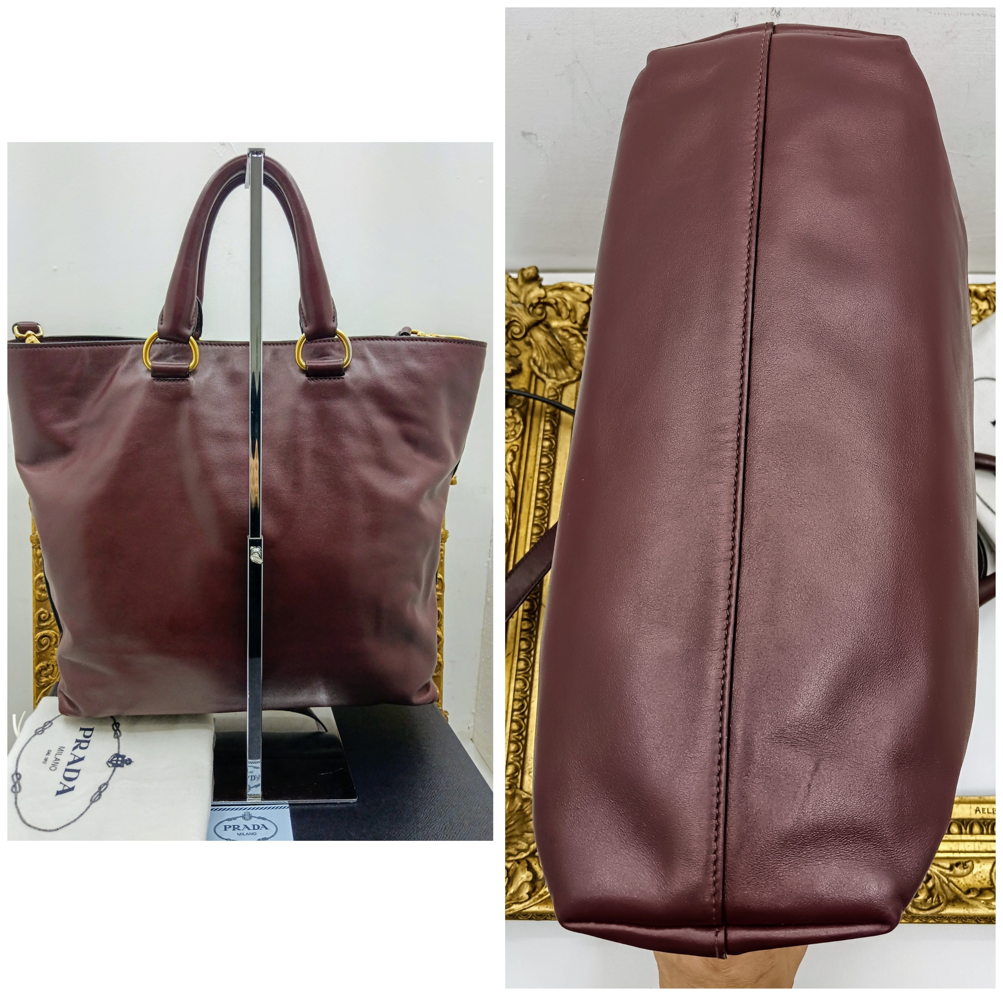 Prada – Borsa Shopper in pelle di vitello bordeaux