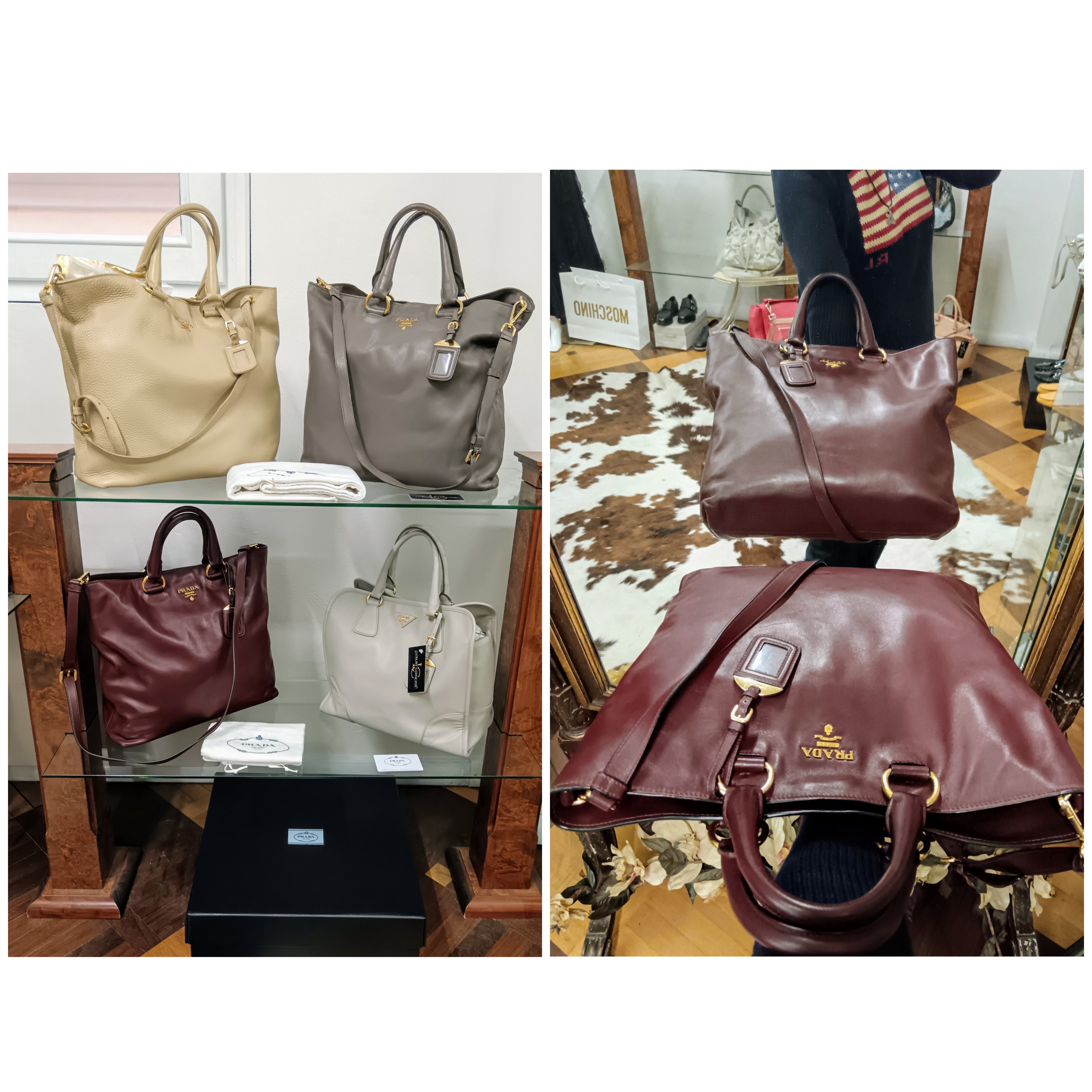 Prada – Borsa Shopper in pelle di vitello bordeaux