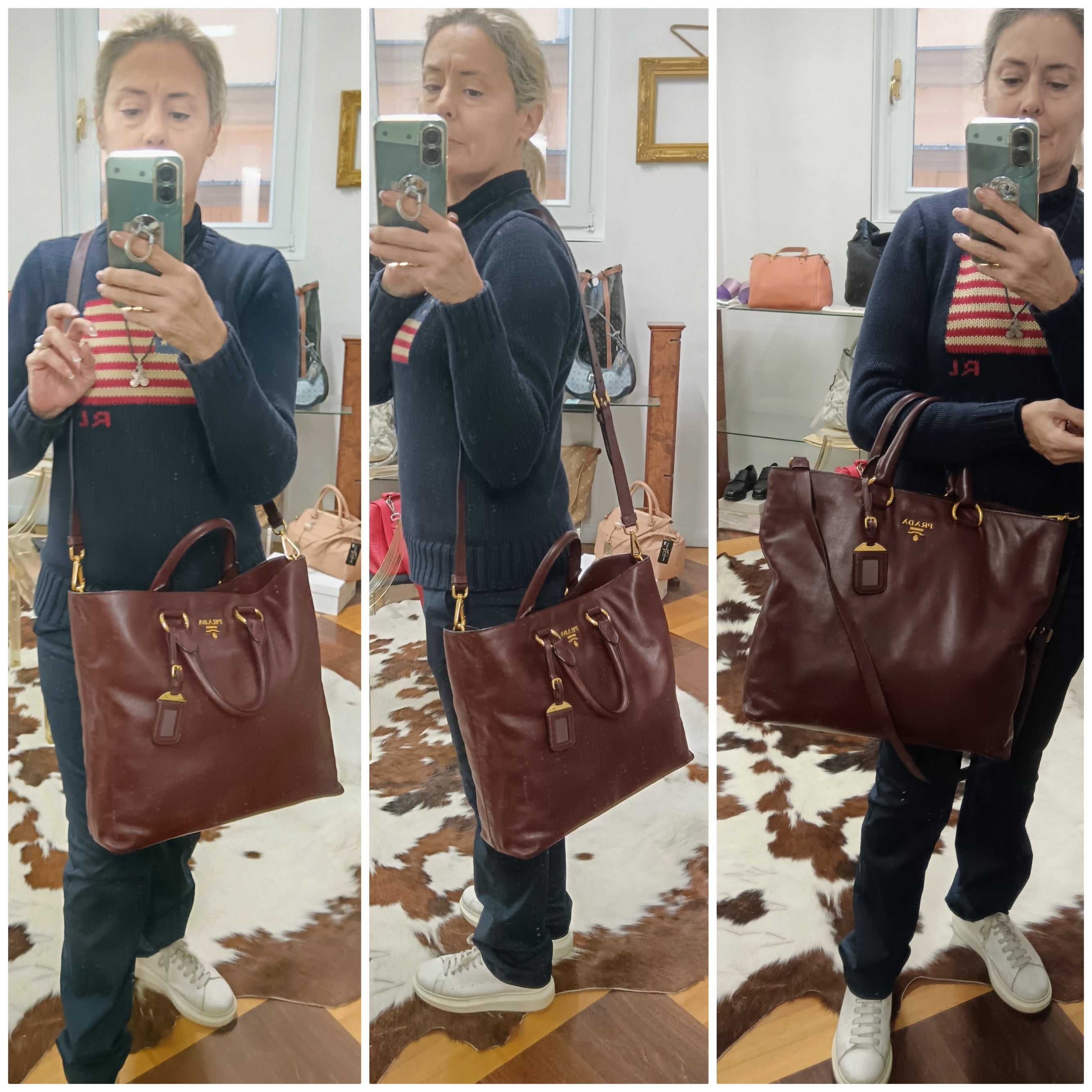 Prada – Borsa Shopper in pelle di vitello bordeaux