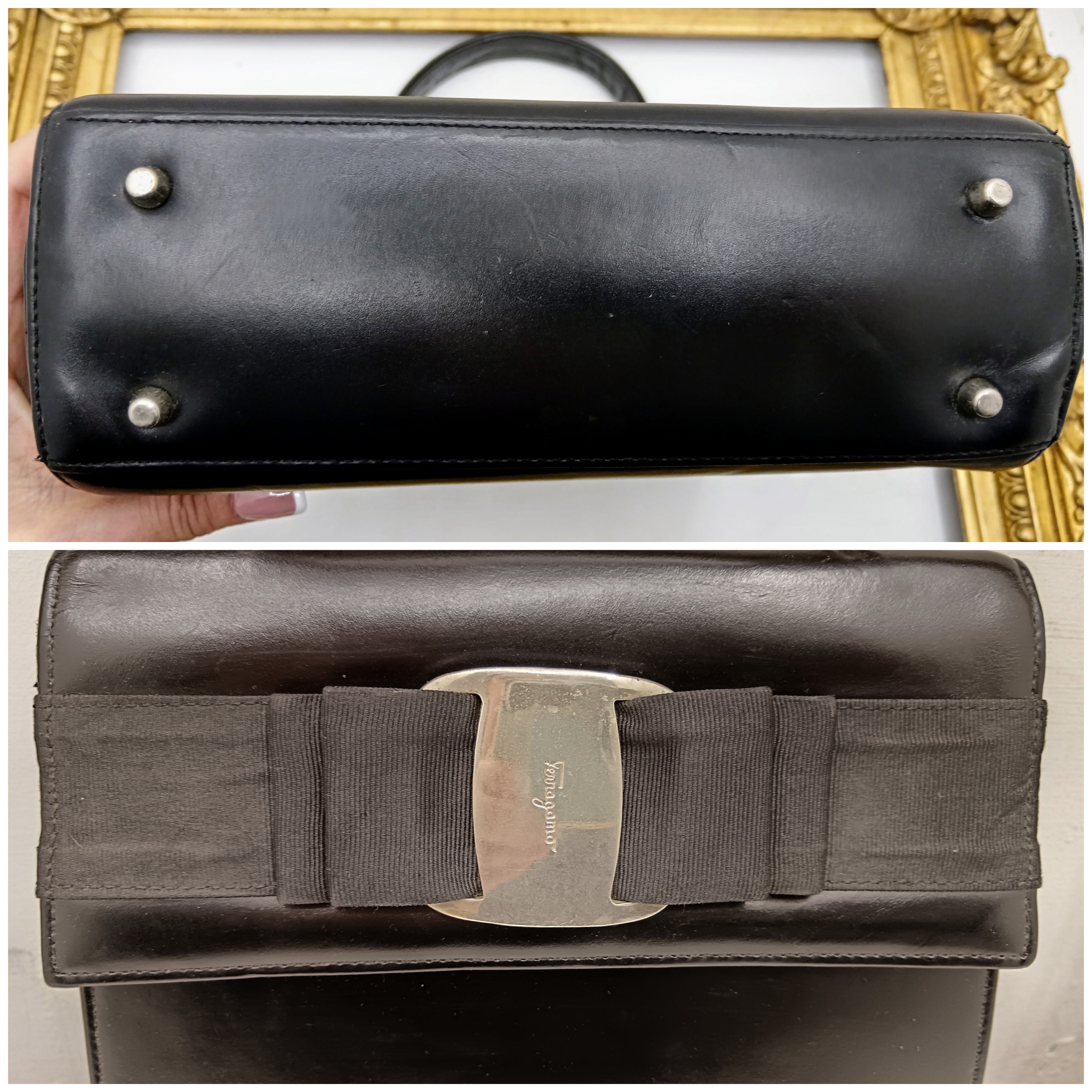 Ferragamo Salvatore – “Two Way Bag” “Vara Ribbon Bag” Borsetta a Mano in Pelle Nera Vintage