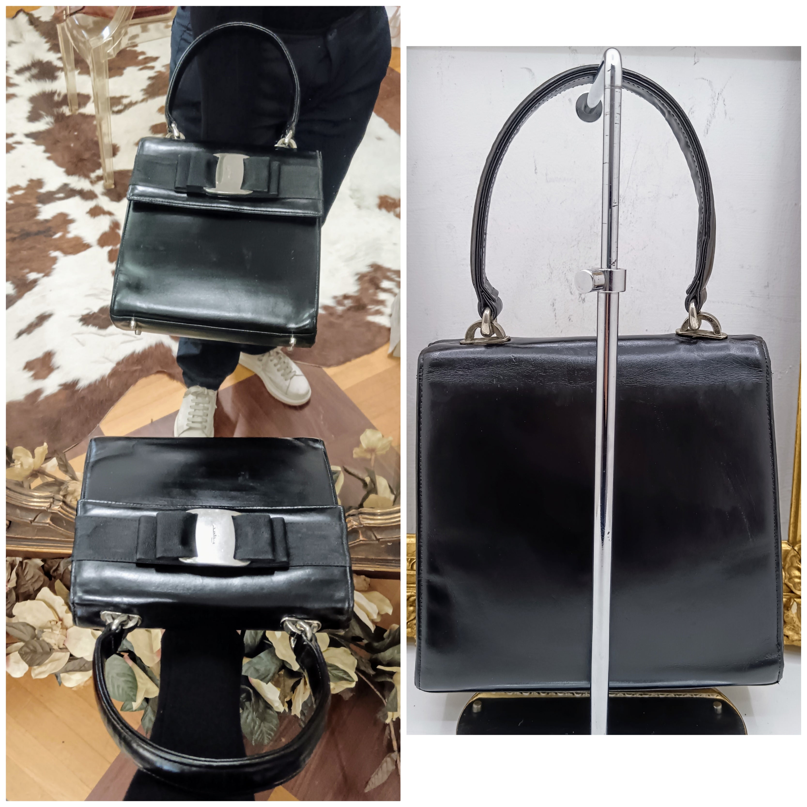 Ferragamo Salvatore – “Two Way Bag” “Vara Ribbon Bag” Borsetta a Mano in Pelle Nera Vintage