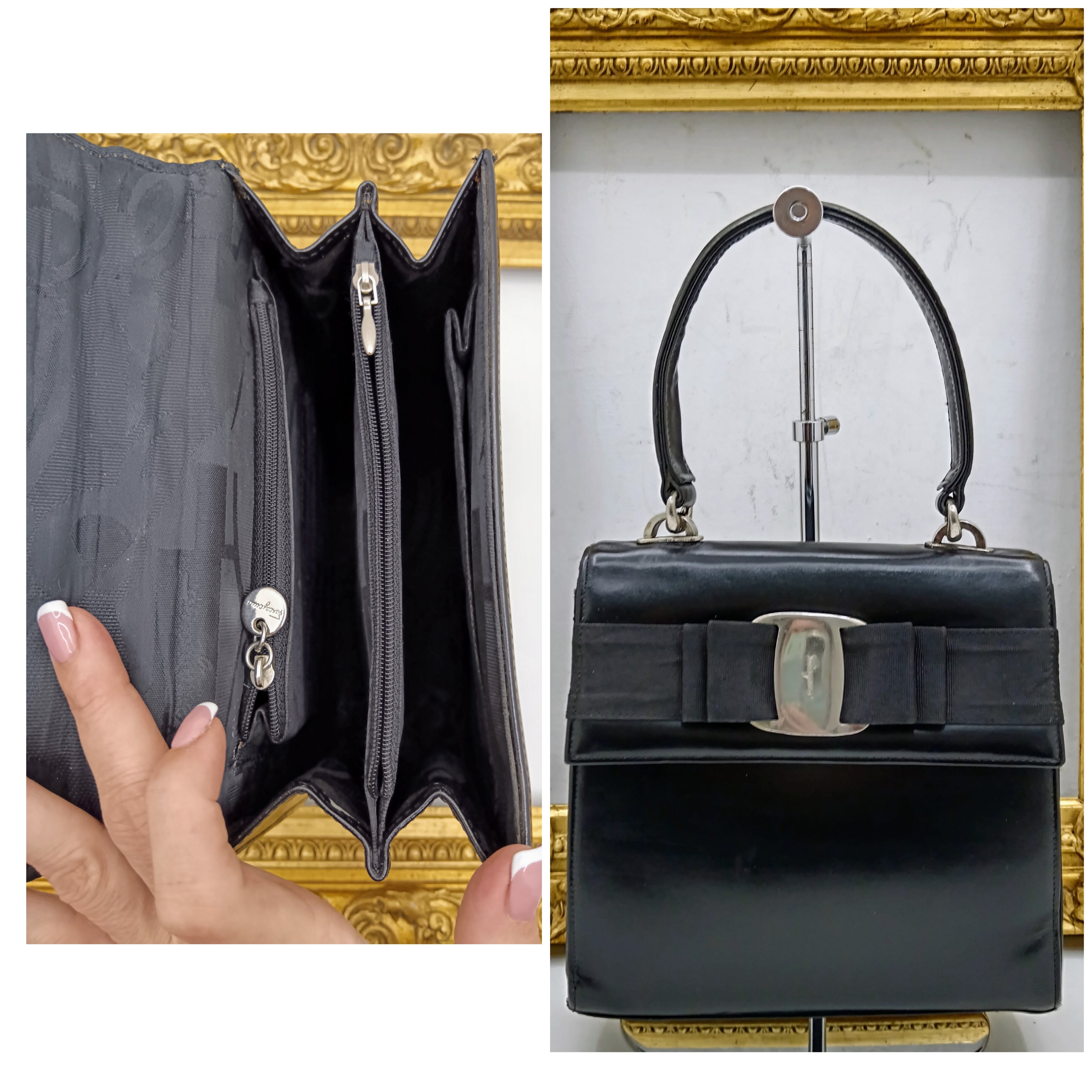 Ferragamo Salvatore – “Two Way Bag” “Vara Ribbon Bag” Borsetta a Mano in Pelle Nera Vintage