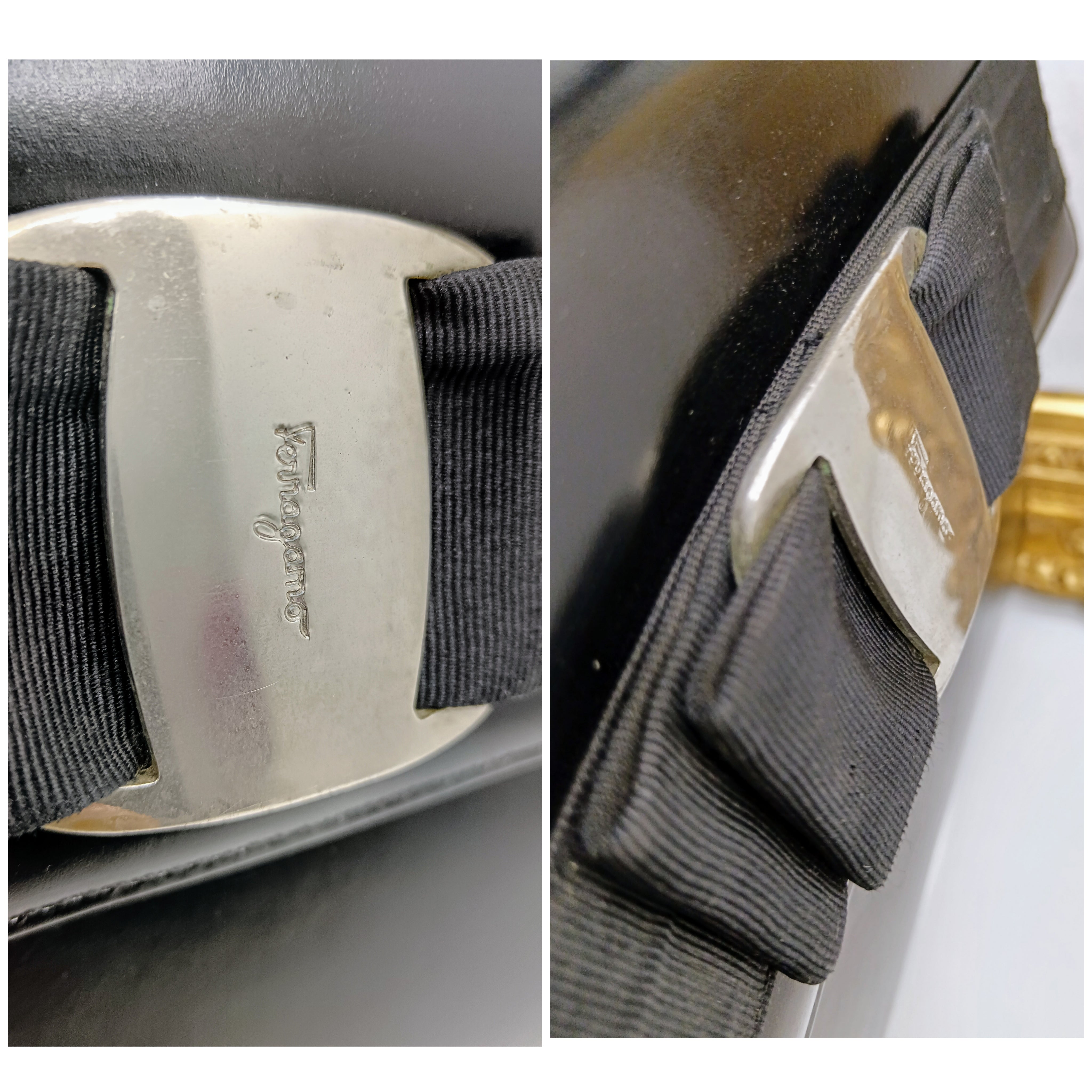 Ferragamo Salvatore – “Two Way Bag” “Vara Ribbon Bag” Borsetta a Mano in Pelle Nera Vintage