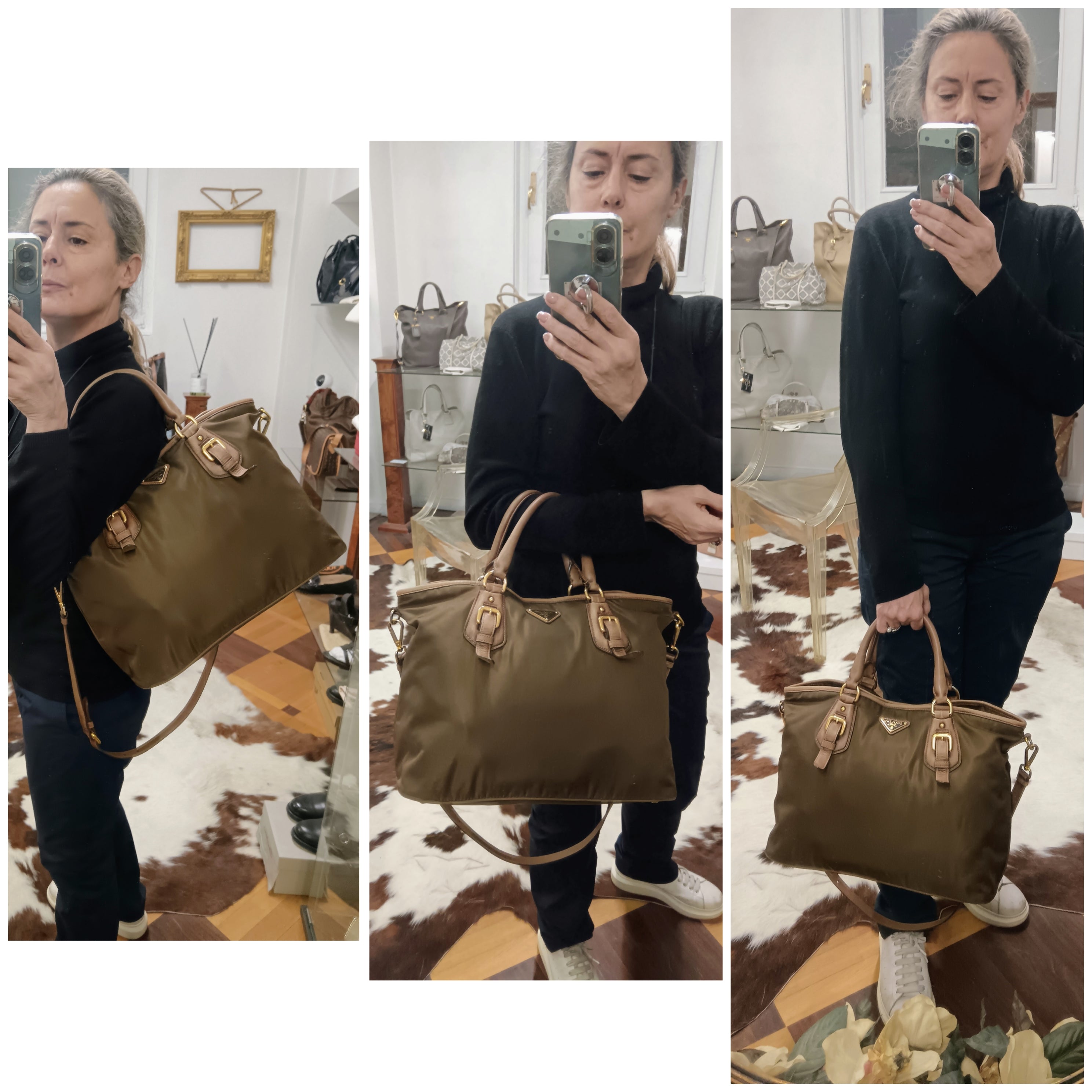 Prada – Borsa Shopper Media Nylon Marrone e Pelle Nocciola