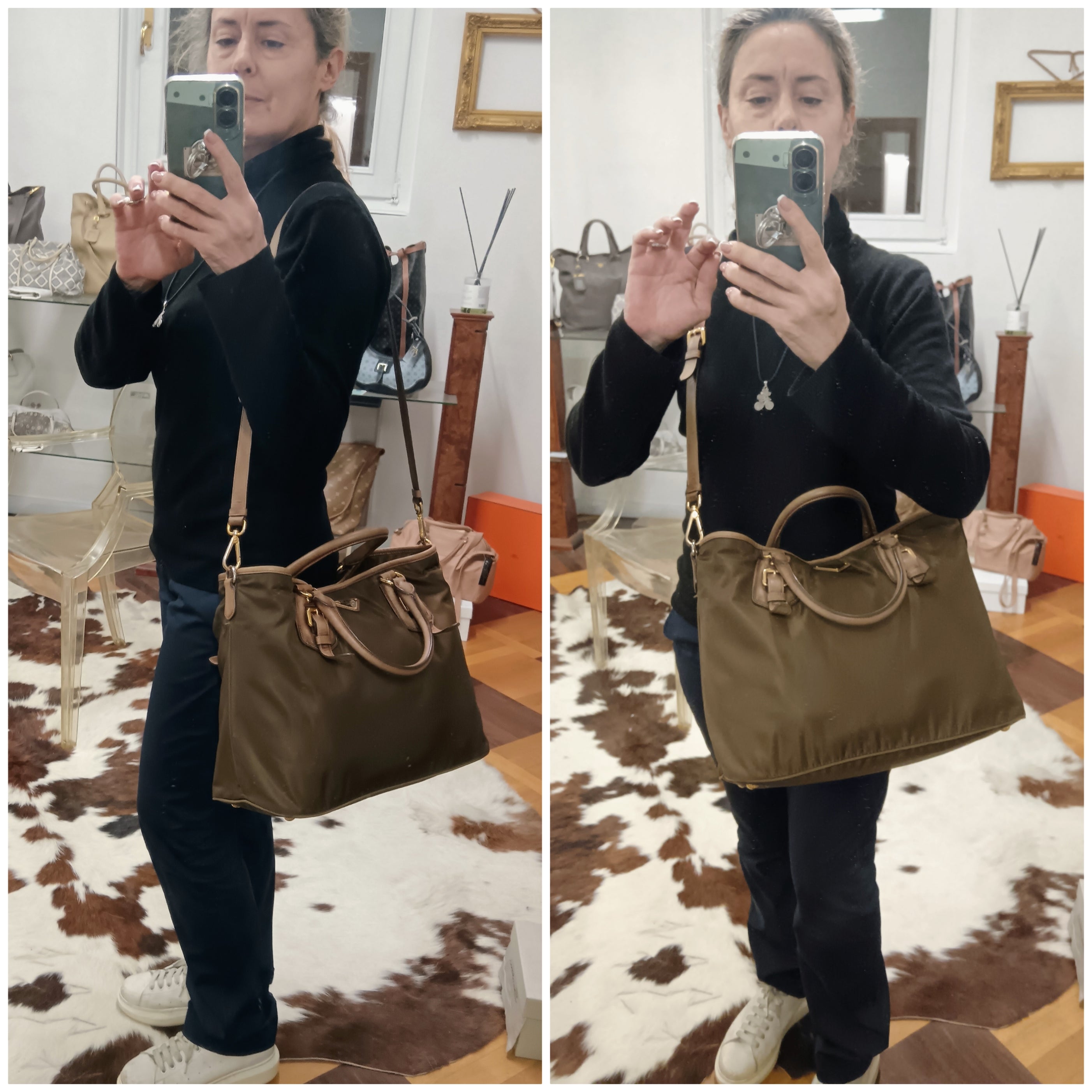 Prada – Borsa Shopper Media Nylon Marrone e Pelle Nocciola