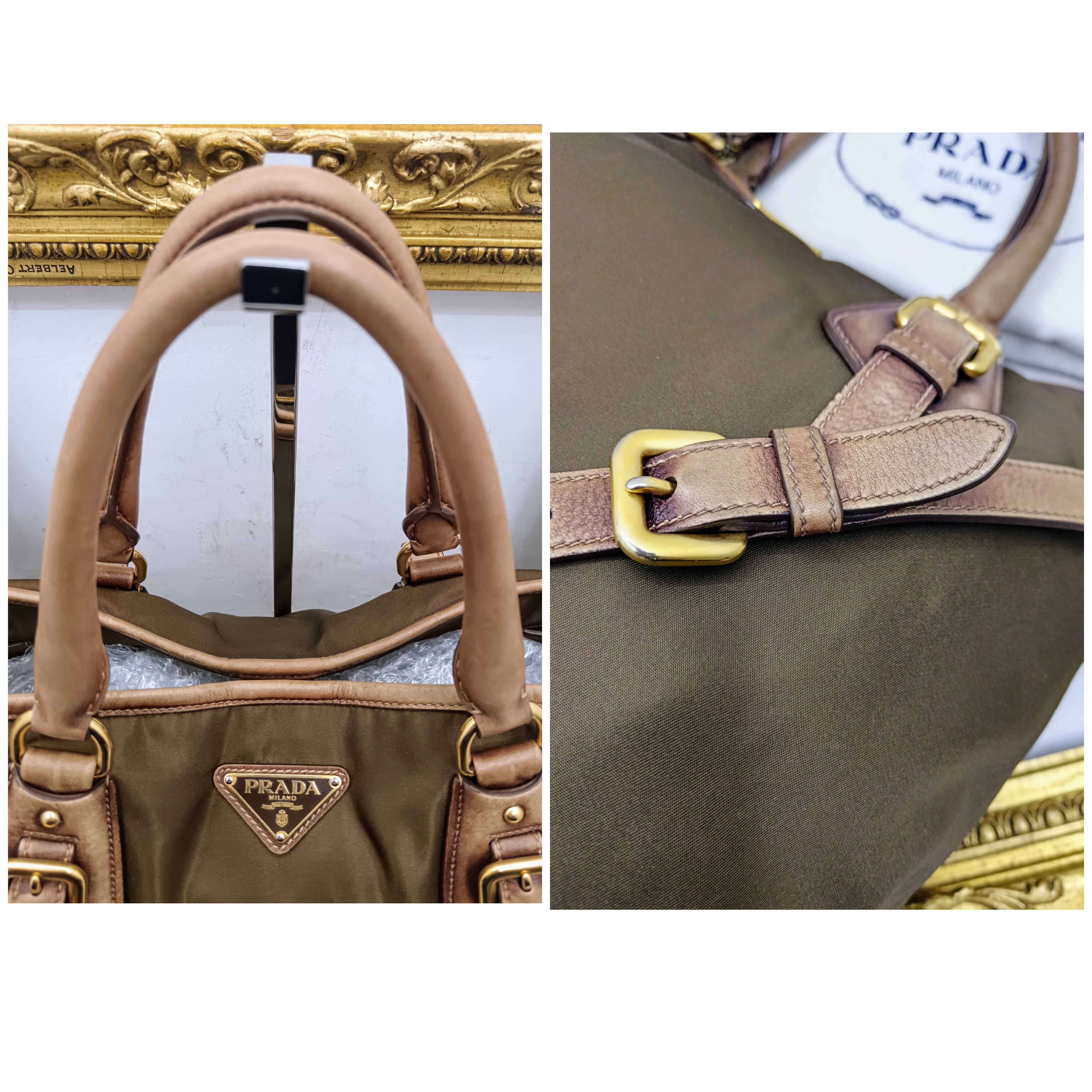 Prada – Borsa Shopper Media Nylon Marrone e Pelle Nocciola