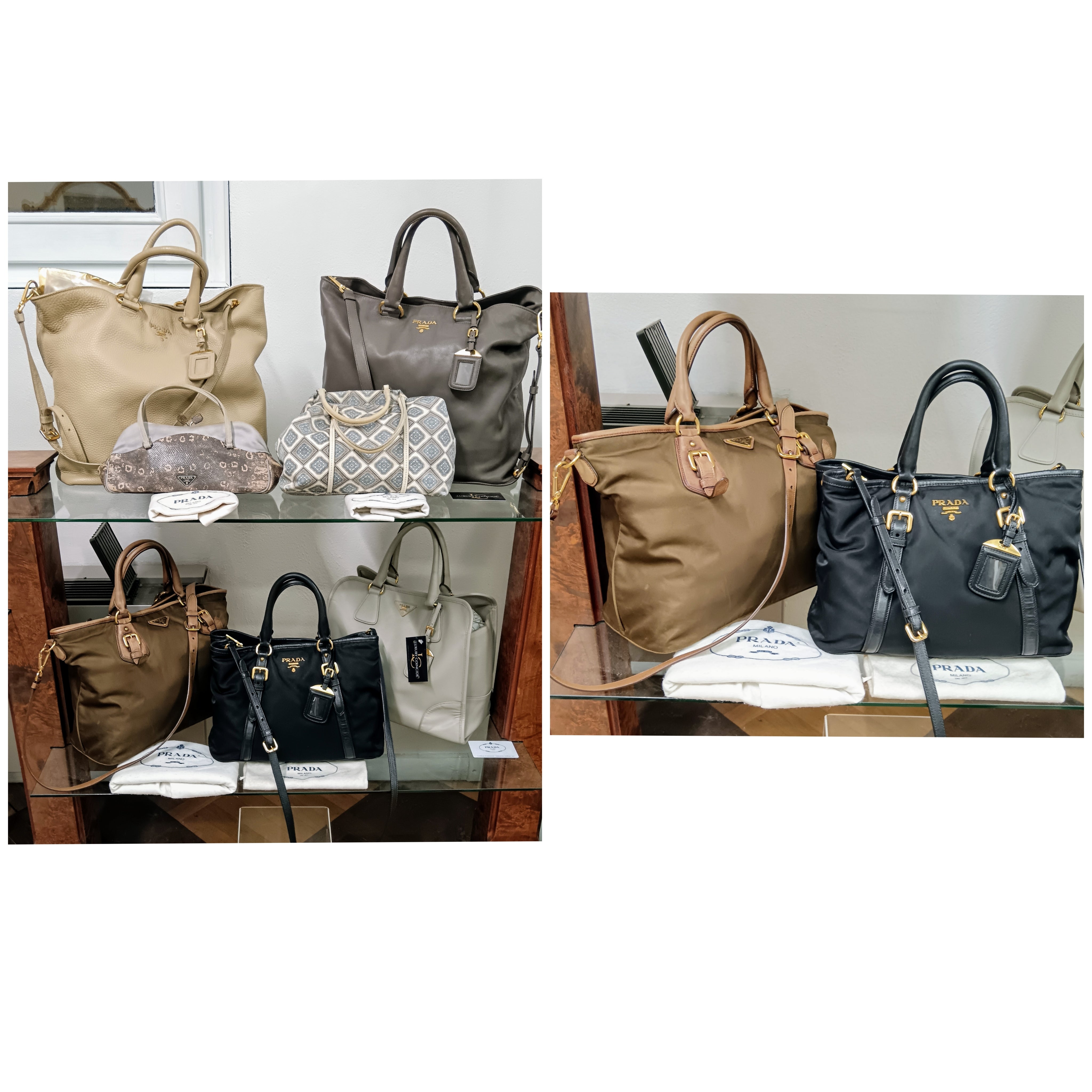 Prada – Borsa Shopper Media Nylon Marrone e Pelle Nocciola