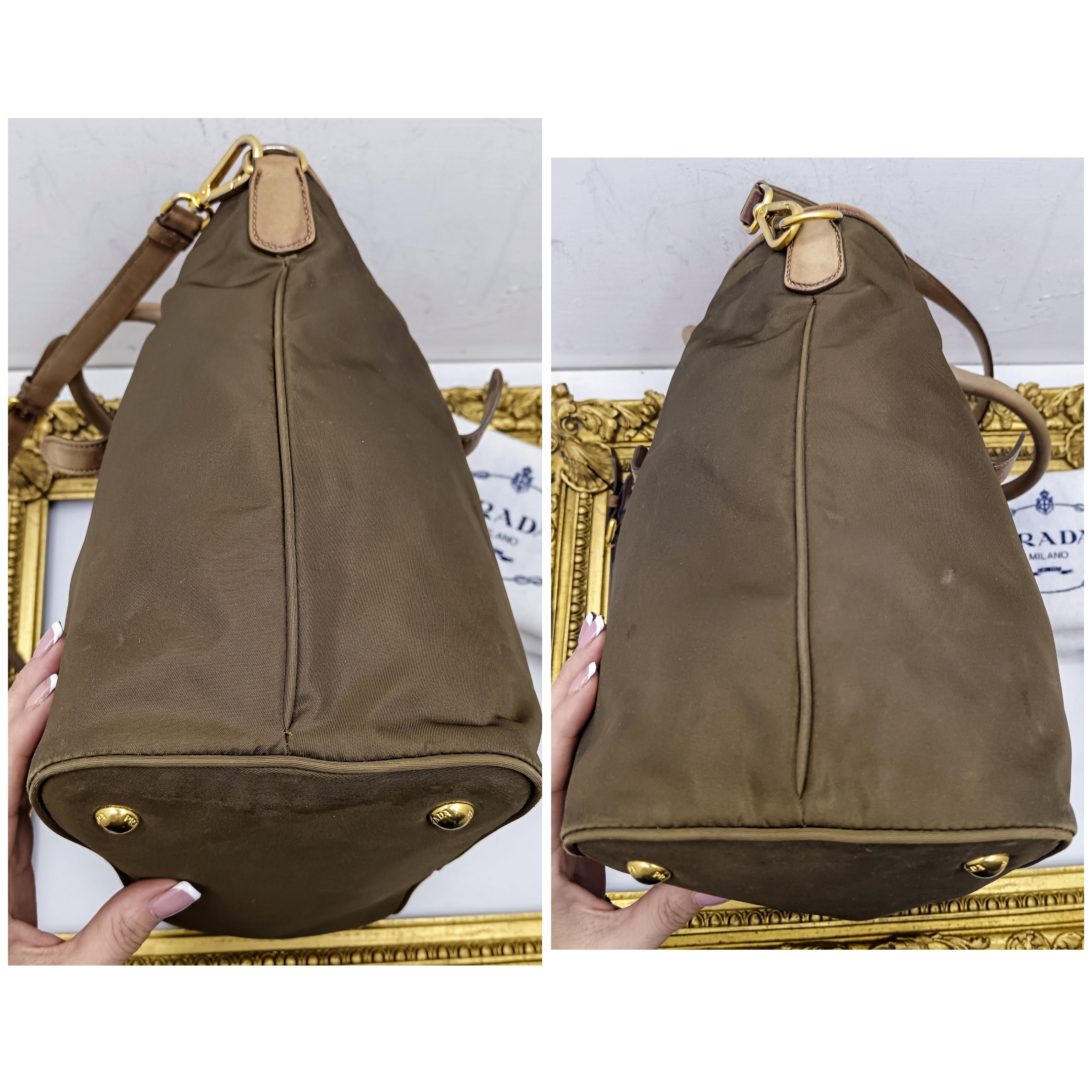 Prada – Borsa Shopper Media Nylon Marrone e Pelle Nocciola