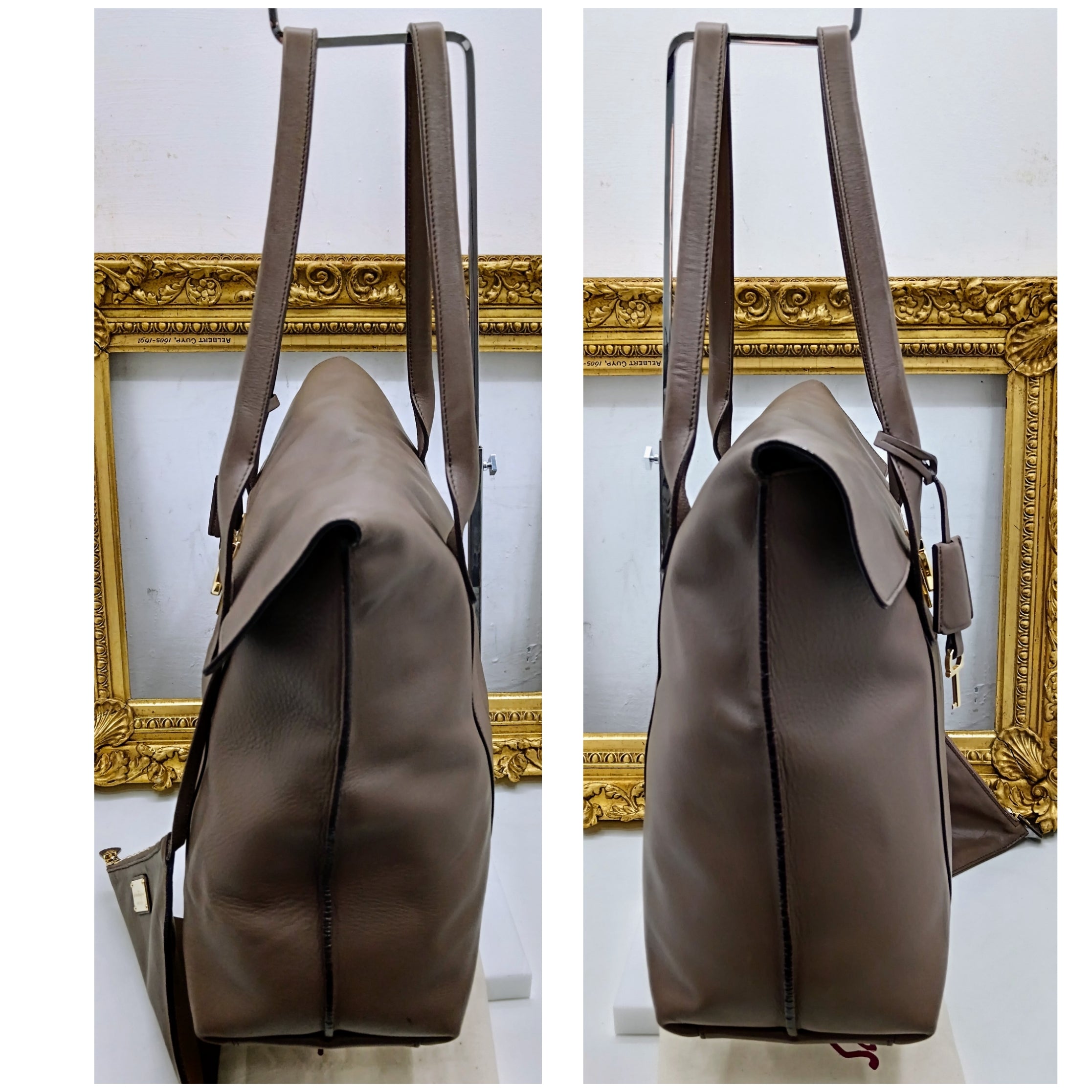 Ferragamo Salvatore– Borsa Shopper Big Logo in Pelle Liscia Tortora con Pochette