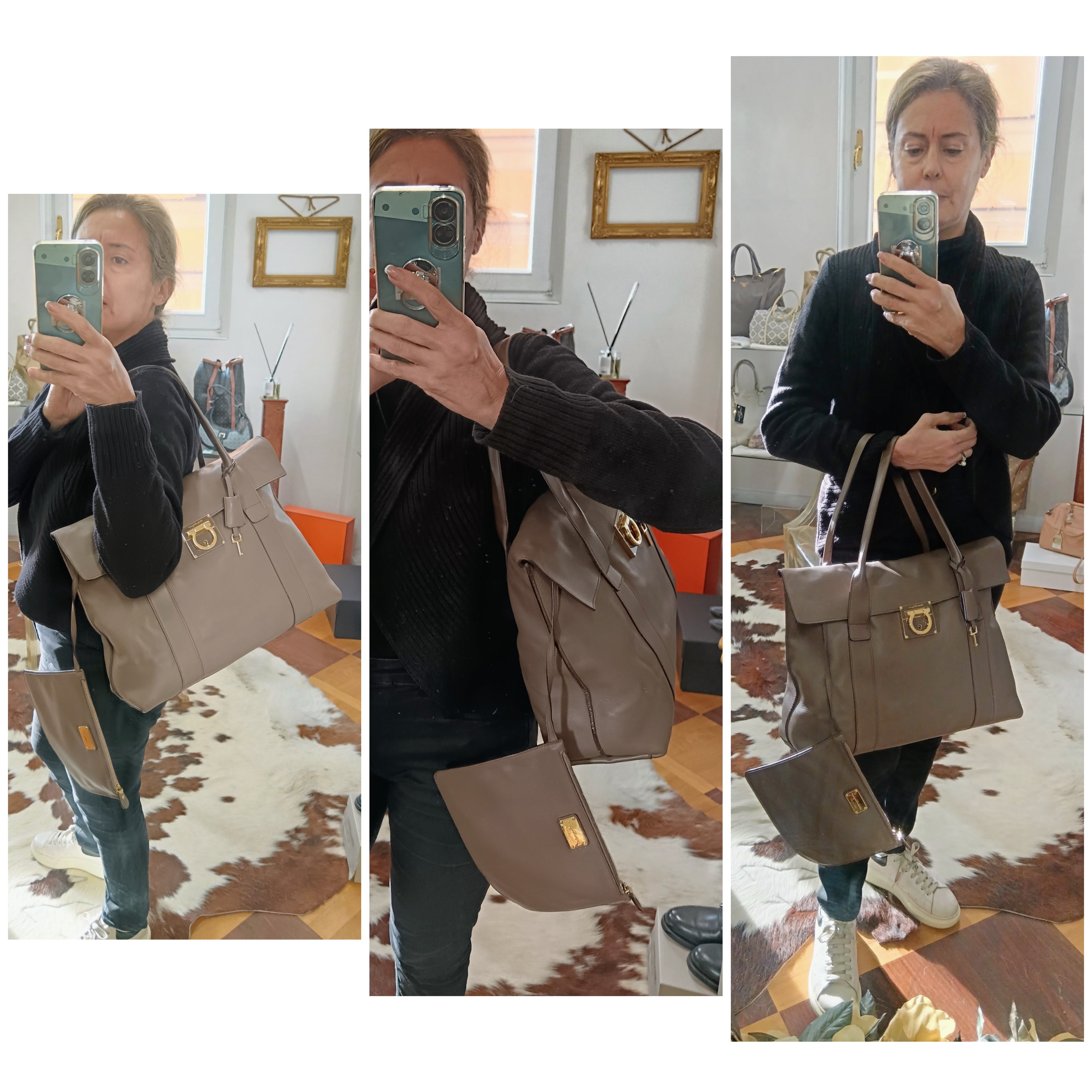Ferragamo Salvatore– Borsa Shopper Big Logo in Pelle Liscia Tortora con Pochette