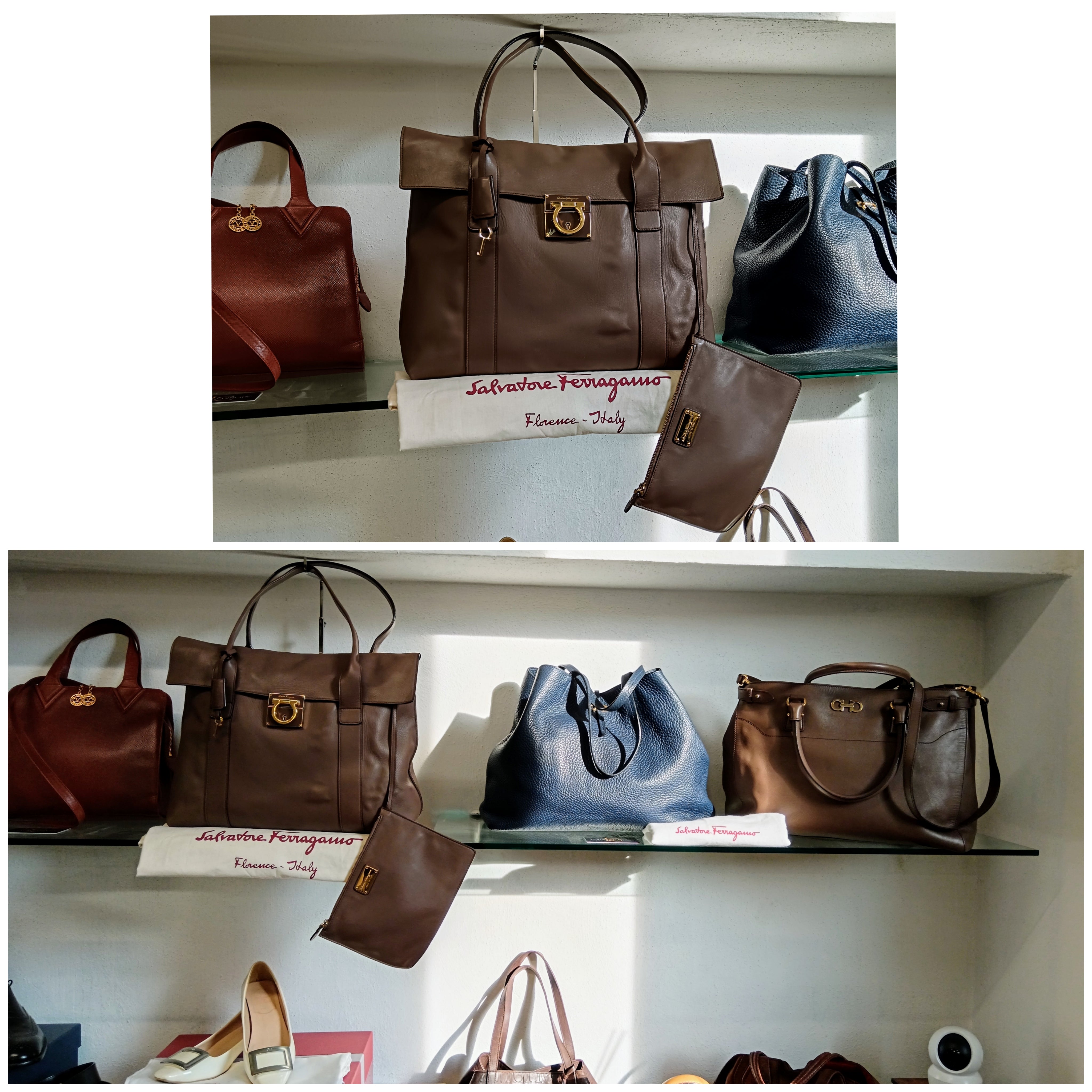 Ferragamo Salvatore– Borsa Shopper Big Logo in Pelle Liscia Tortora con Pochette