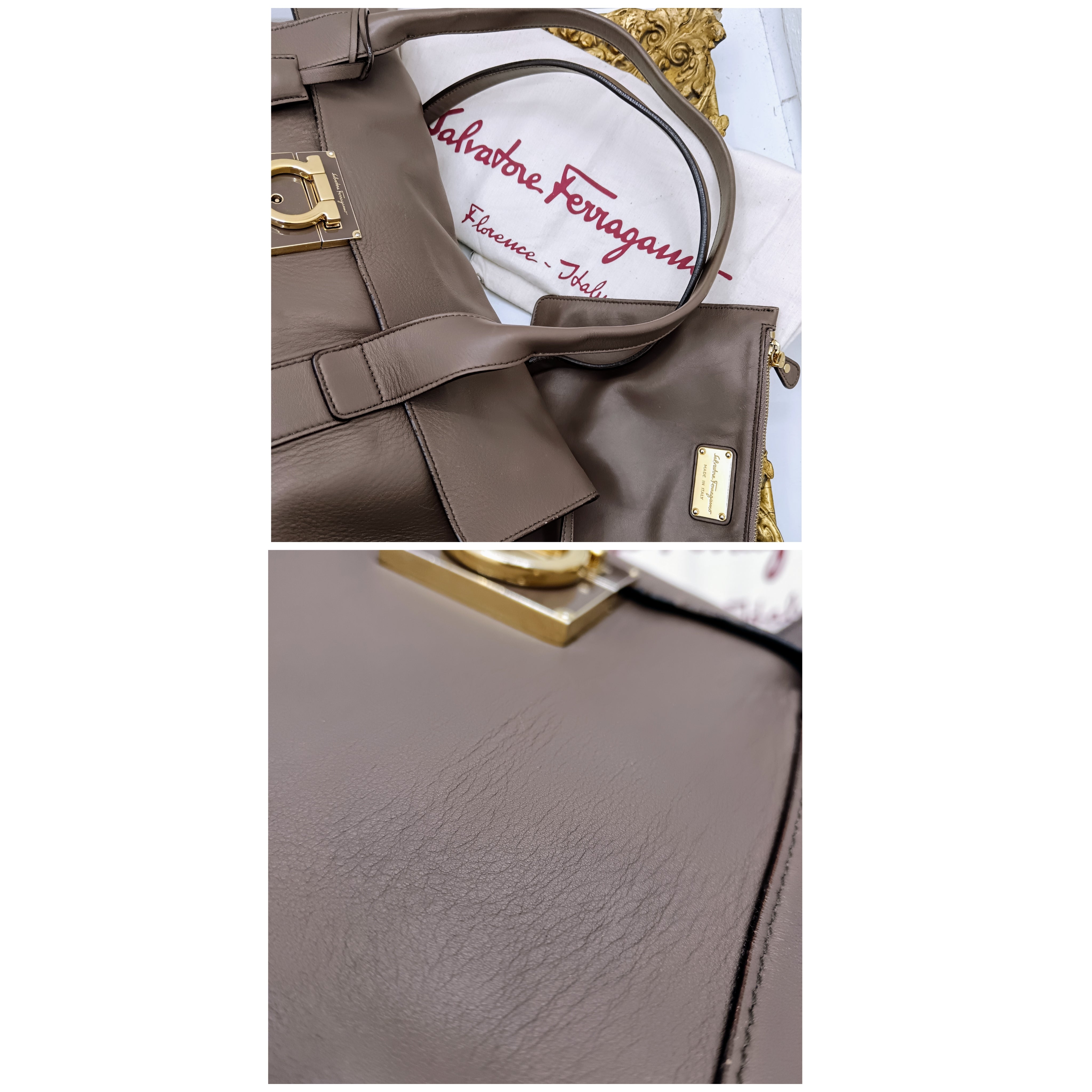 Ferragamo Salvatore– Borsa Shopper Big Logo in Pelle Liscia Tortora con Pochette