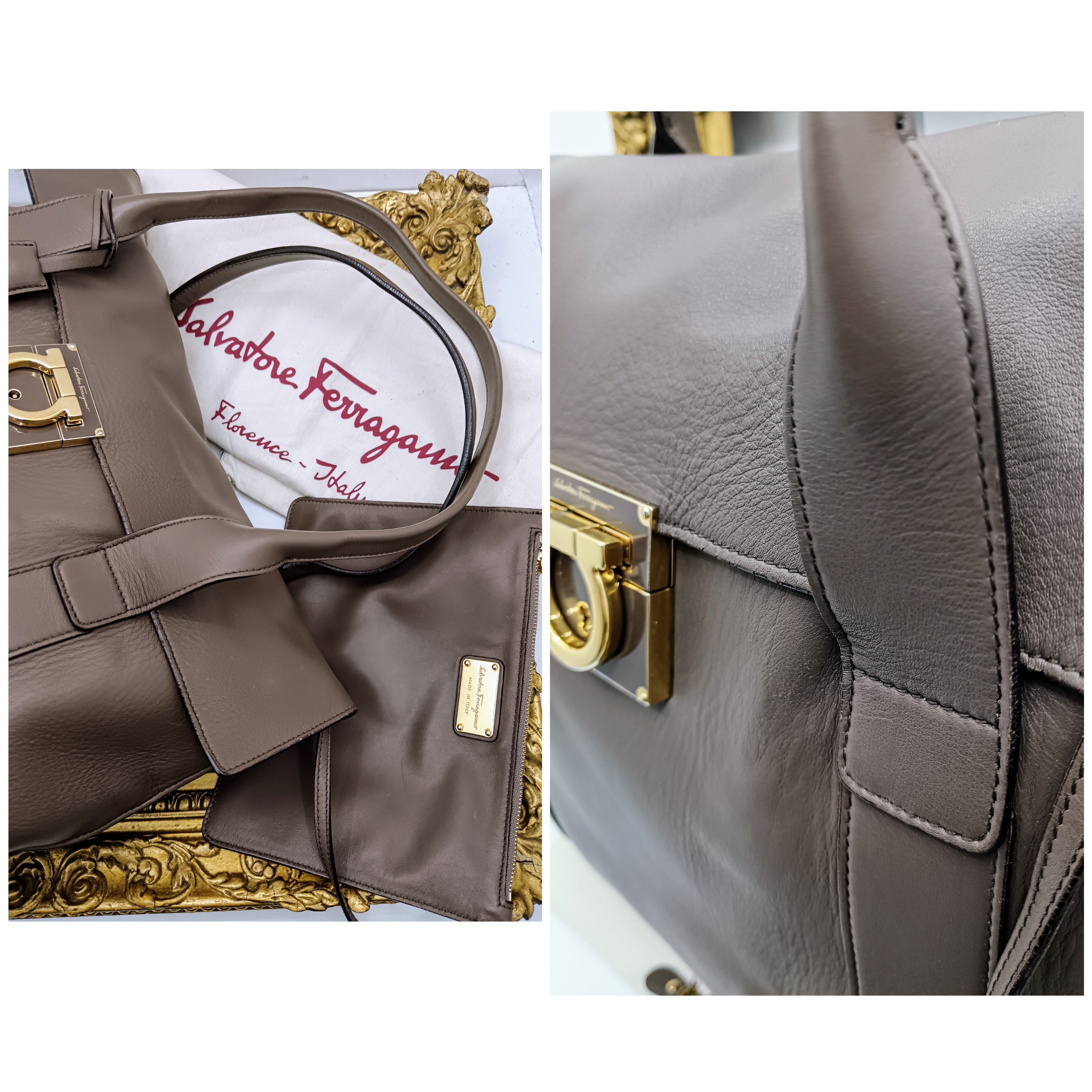 Ferragamo Salvatore– Borsa Shopper Big Logo in Pelle Liscia Tortora con Pochette
