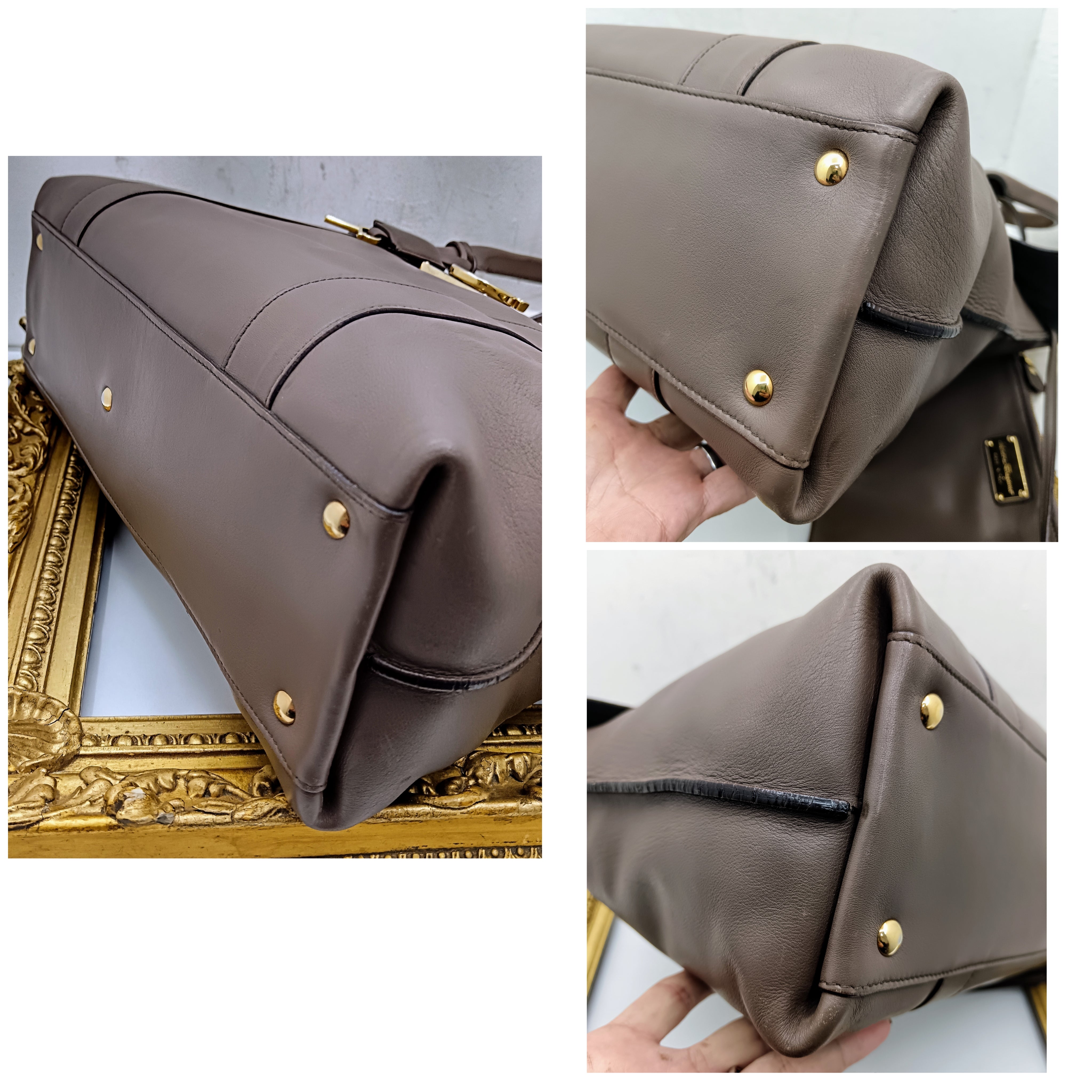 Ferragamo Salvatore– Borsa Shopper Big Logo in Pelle Liscia Tortora con Pochette