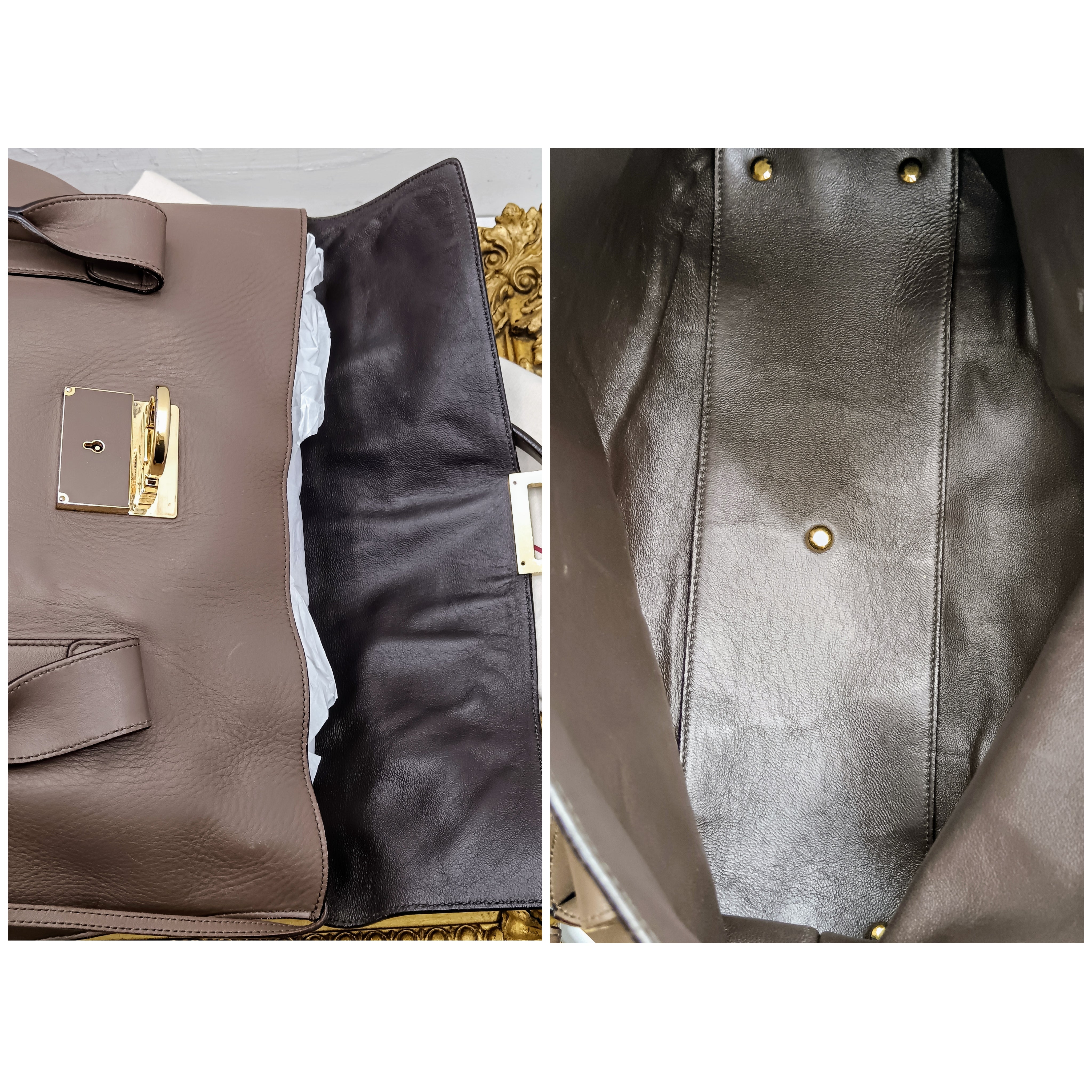 Ferragamo Salvatore– Borsa Shopper Big Logo in Pelle Liscia Tortora con Pochette